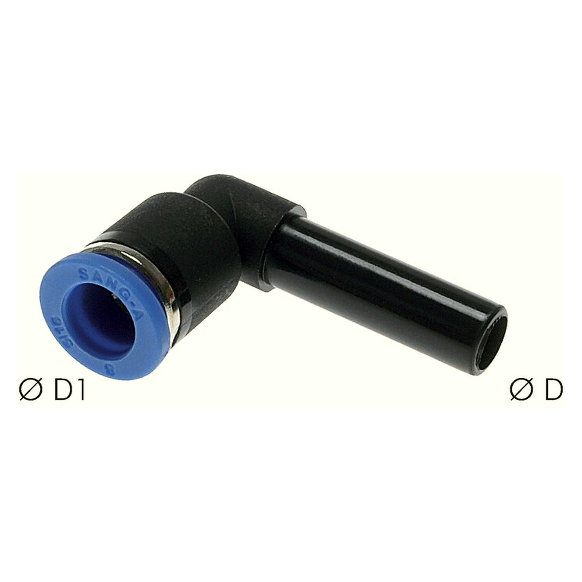 Stecknippel, Winkelform, Schlauch 8 mm, zweiter Anschluss 8 mm, Messing vernickelt, Dichtung NBR