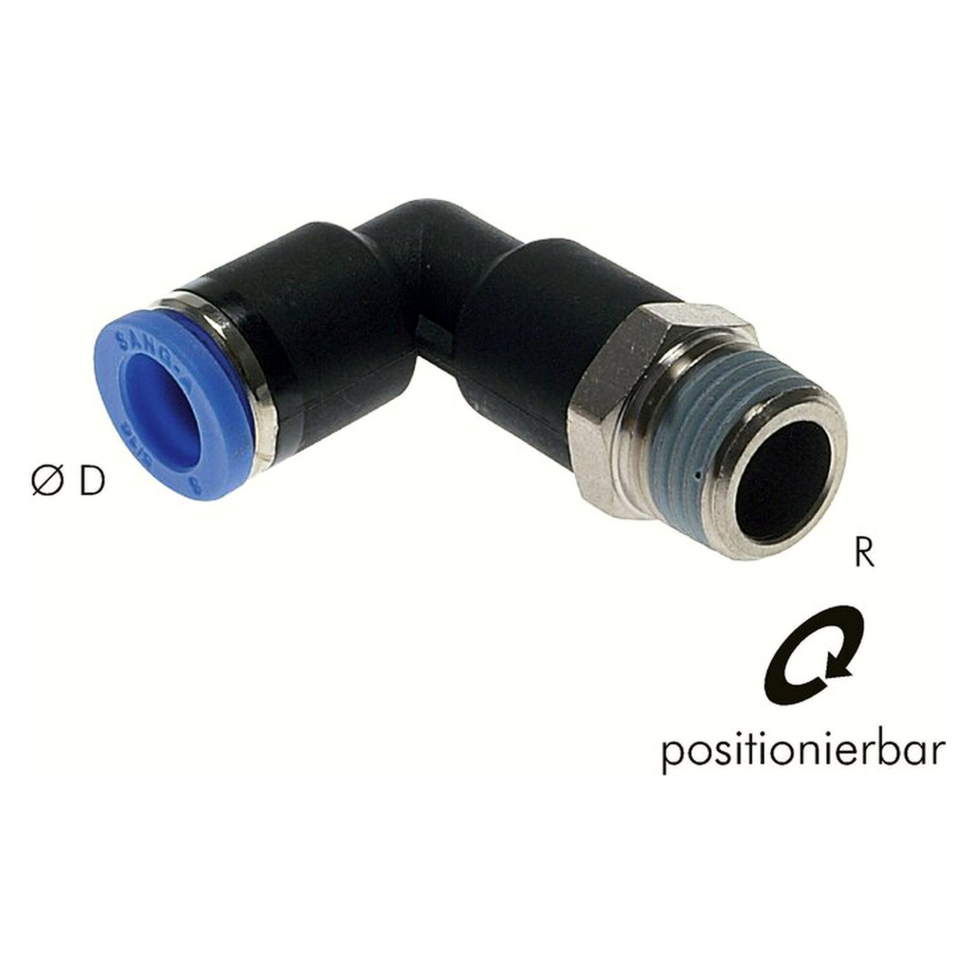 Push-in fitting, elbow design, long design, male thread R 3/8", tube 8 mm, nickel plated brass