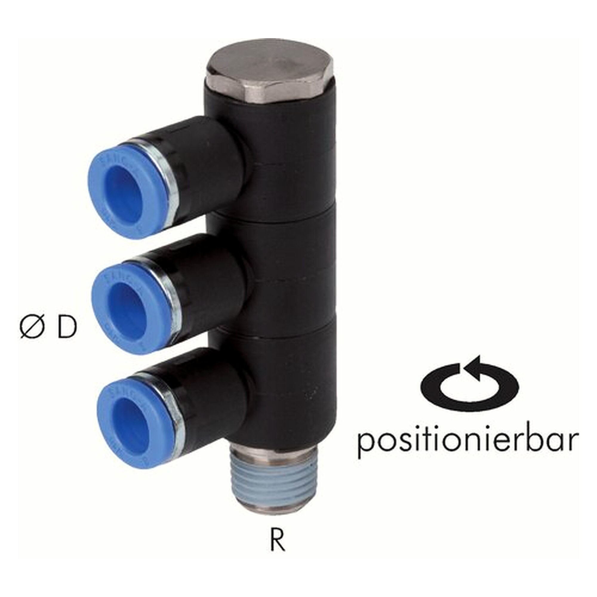 Push-in manifold, 3-way distribution, male thread R 1/8", tube 8 mm, nickel plated brass