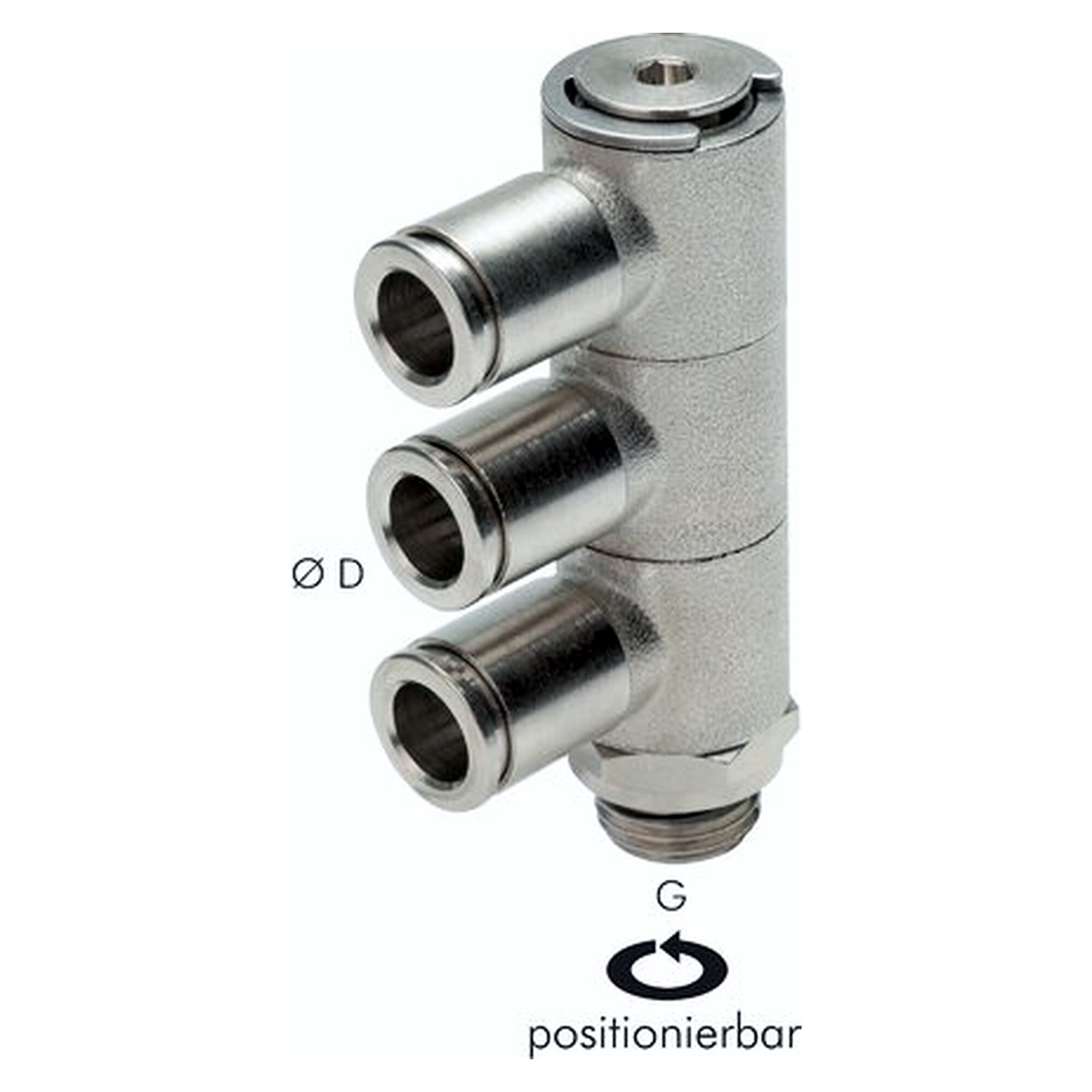 Push-in manifold, 3-way distribution, thread G 1/8", tube 4 mm, nickel plated brass, -20 bis +80 °C