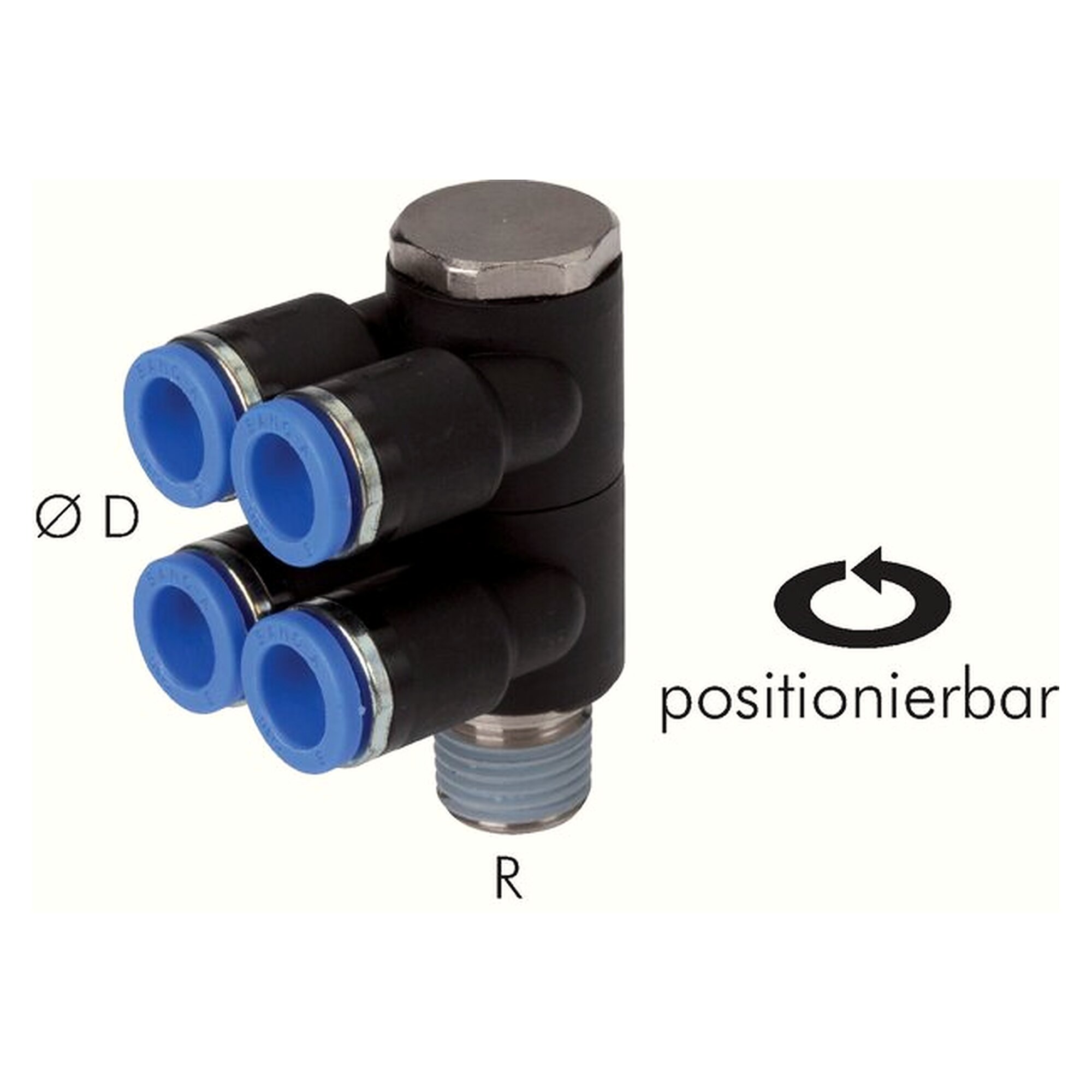 Steck-Mehrfachverteiler, 4-fach verteilend, Gewinde R 3/8", Schlauch 10 mm, Messing vernickelt