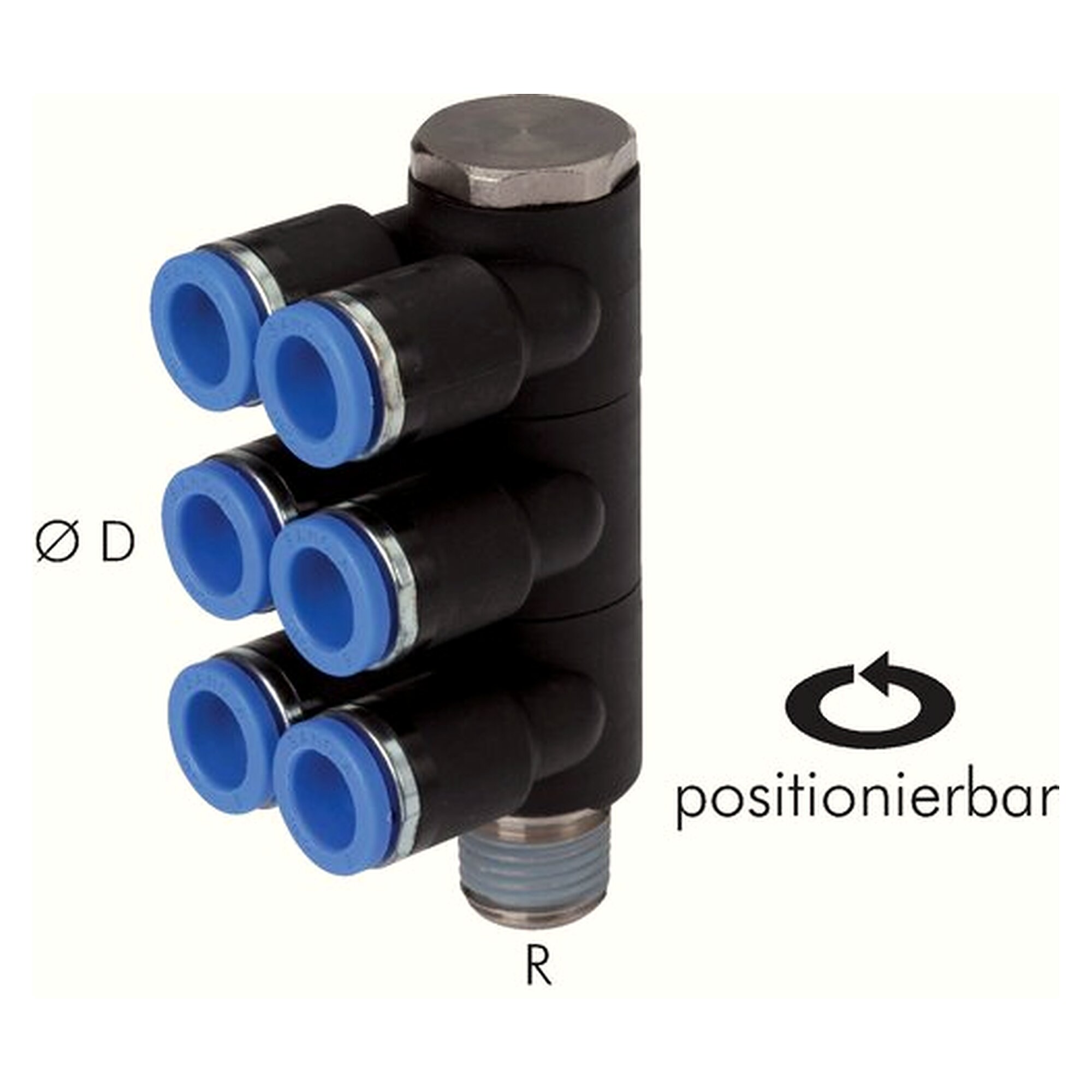 Push-in manifold, 6-way distribution, male thread R 1/2", tube 8 mm, nickel plated brass