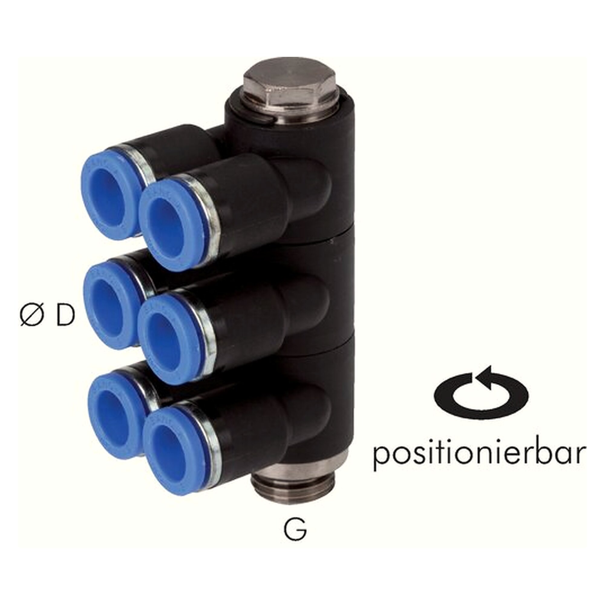Push-in manifold, 6-way distribution, male thread G 1/4", tube 8 mm, nickel plated brass