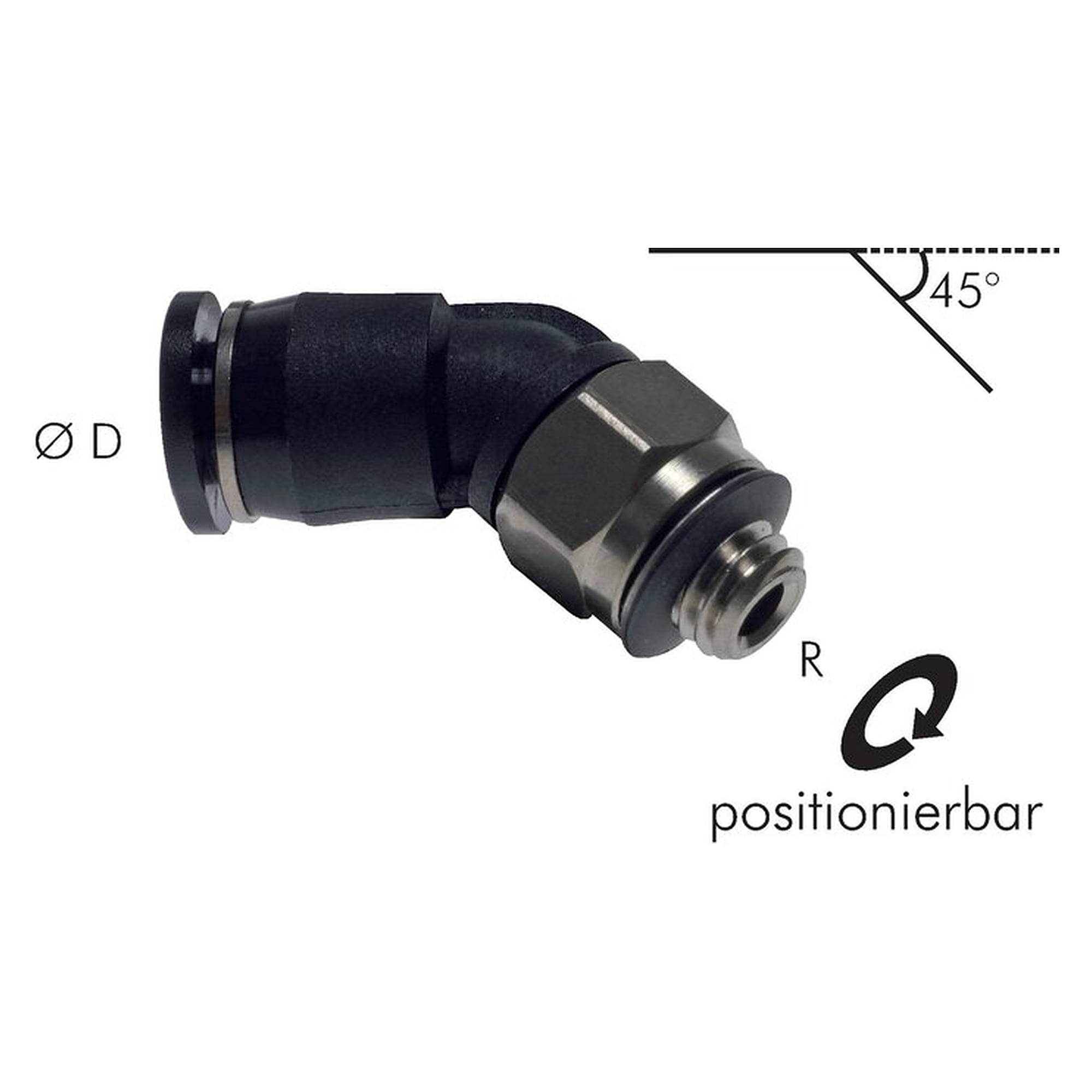 Steckanschluss, 45-Grad-Form, Miniaturbauform, Gewinde M 5, Schlauch 6 mm, Messing vernickelt