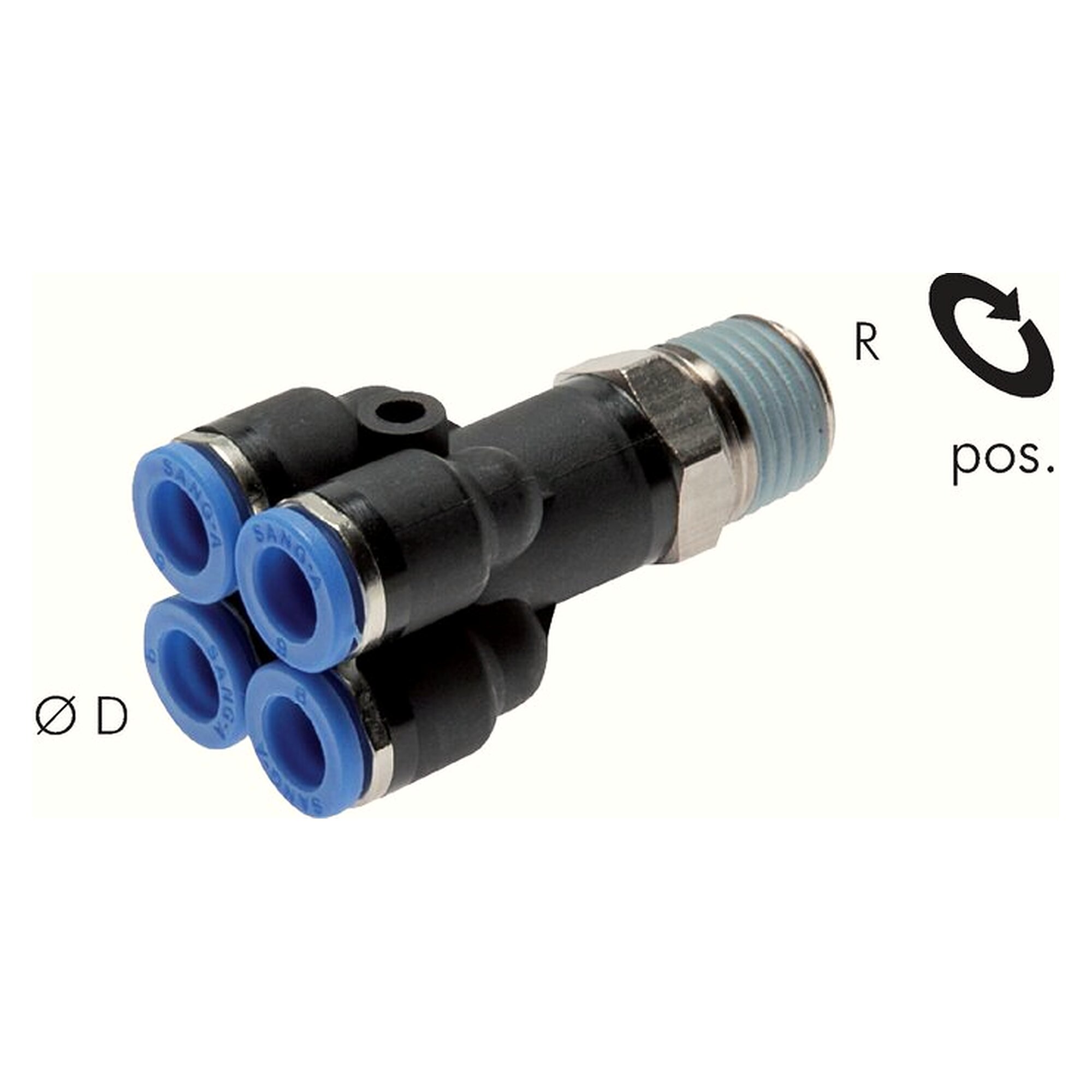 Push-in manifold, male thread R 1/4", tube 4 mm, nickel plated brass