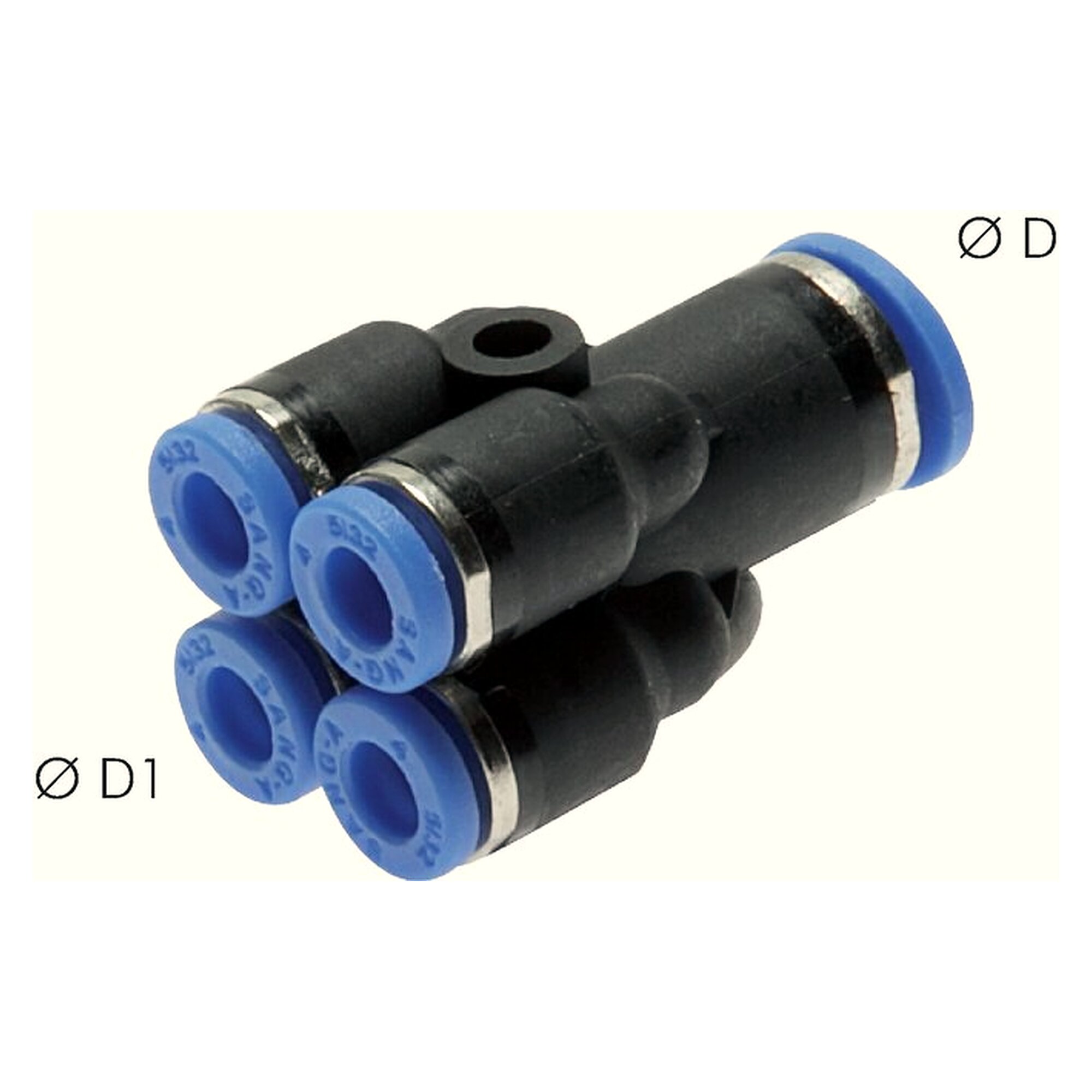 Steck-Mehrfachverteiler, Schlauch 6 mm, zweiter Anschluss 4 mm, Messing vernickelt, -20 bis +80 °C