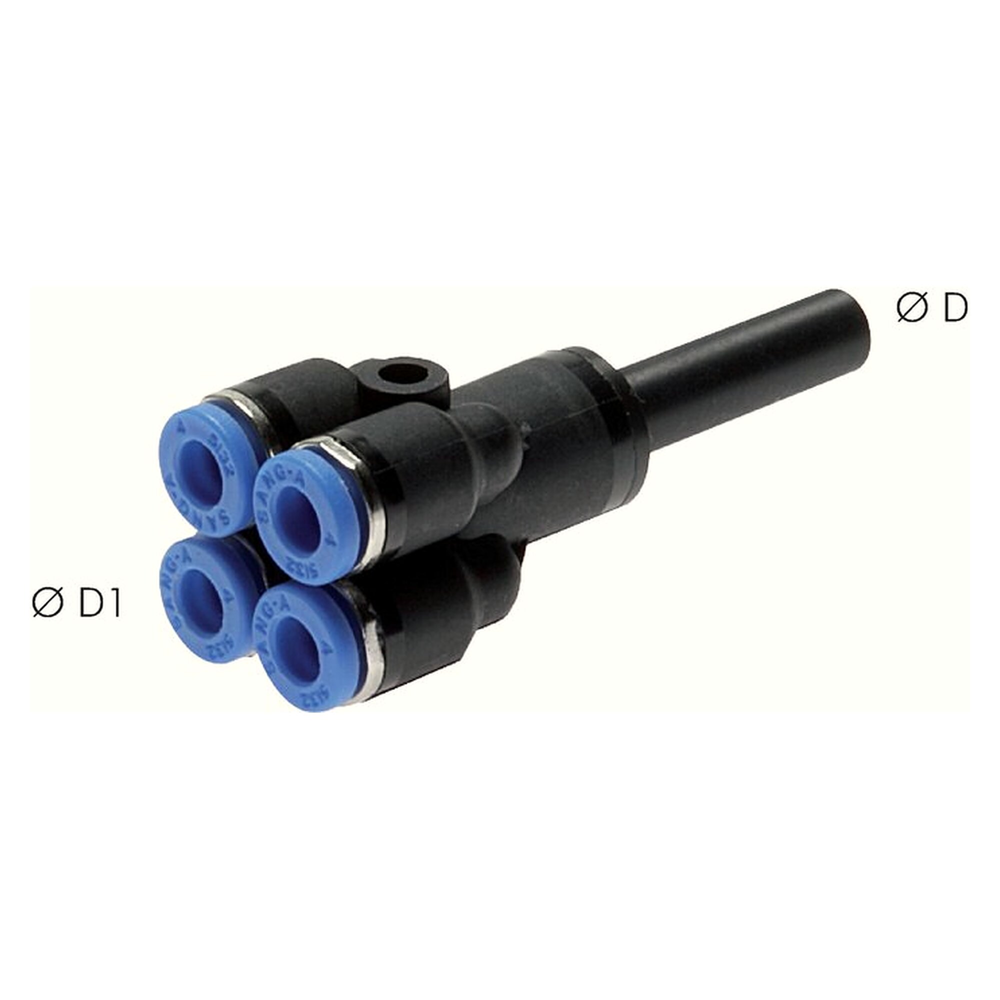 Steck-Mehrfachverteiler, Schlauch 8 mm, zweiter Anschluss 6 mm, Messing vernickelt, -20 bis +80 °C