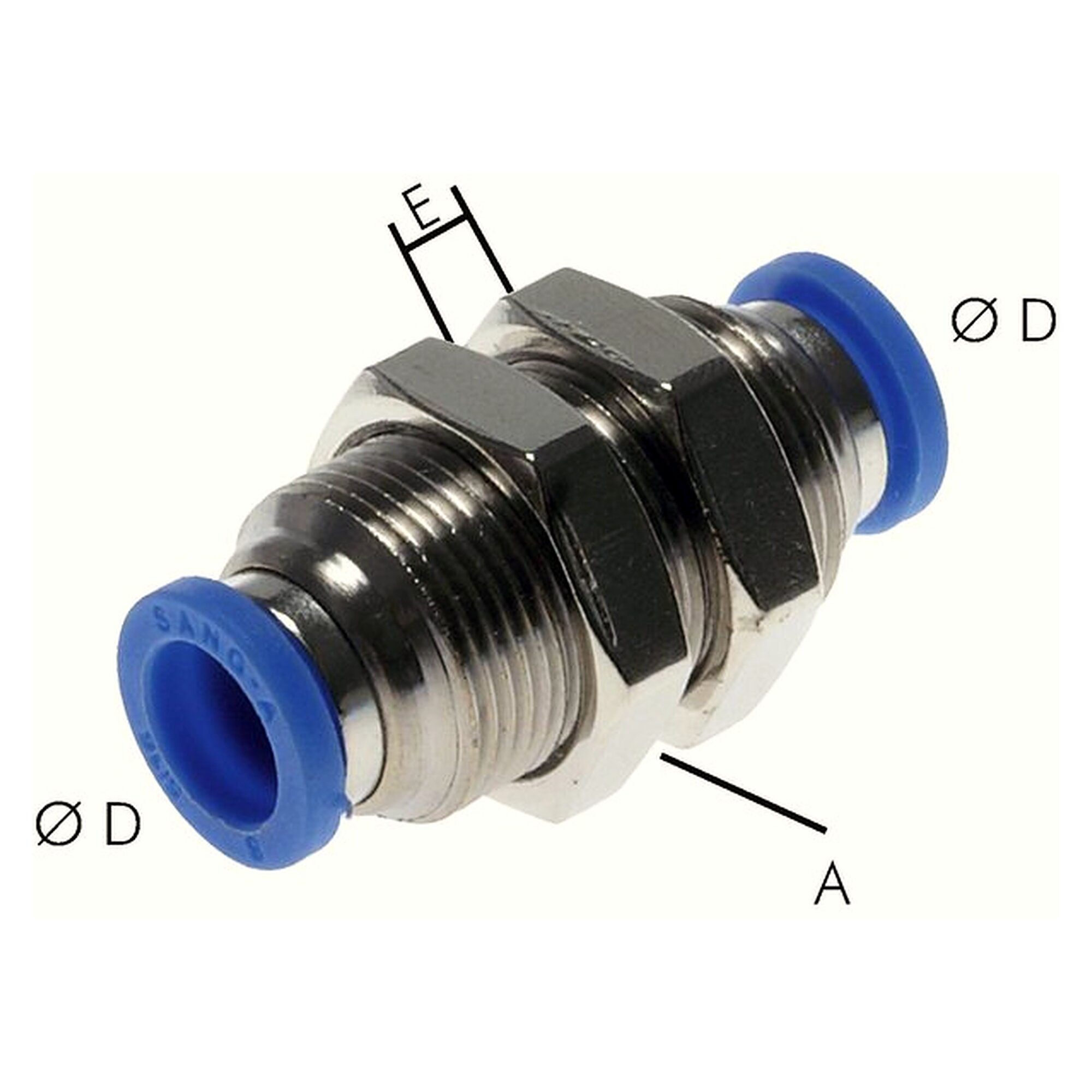 Steckanschluss, Schottform, Schottgewinde M 14x1, Schlauch 6 mm, Messing vernickelt