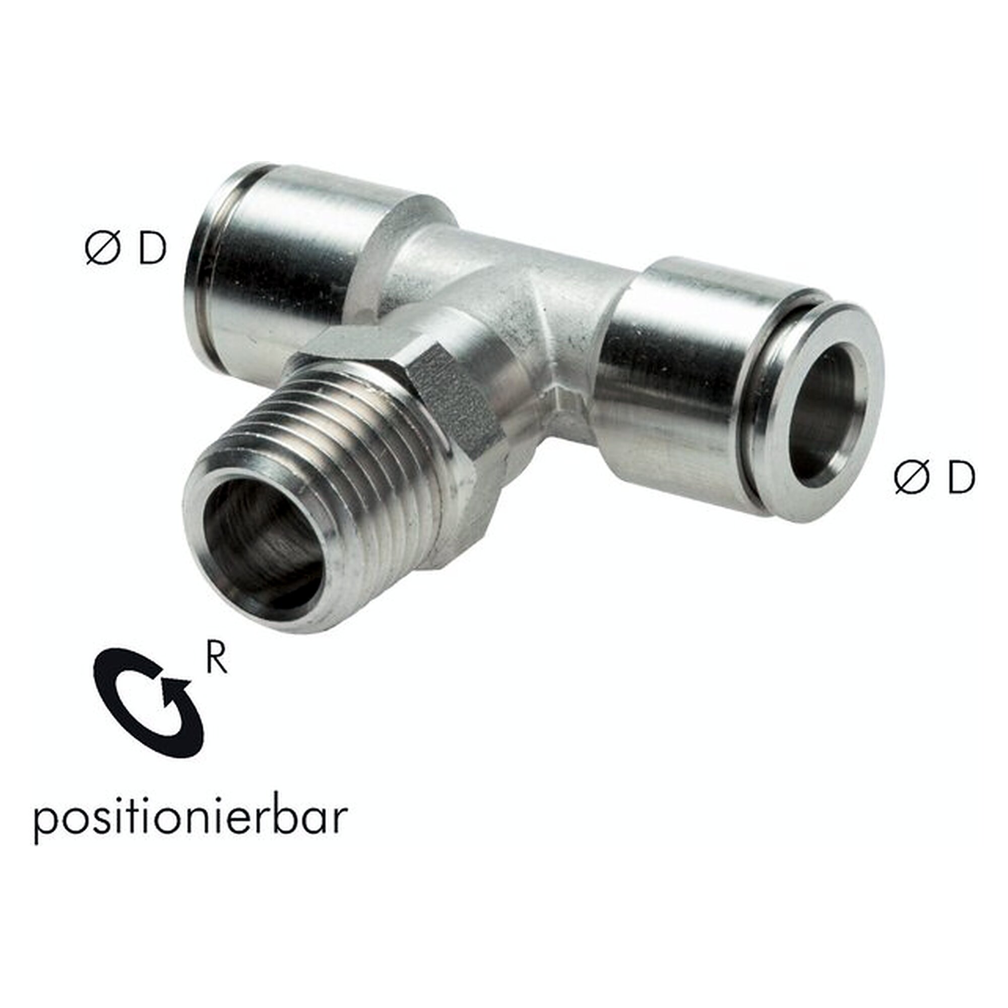 Steckanschluss, T-Form, Einschraubgewinde R 1/2", Schlauch 10 mm, Edelstahl 1.4404