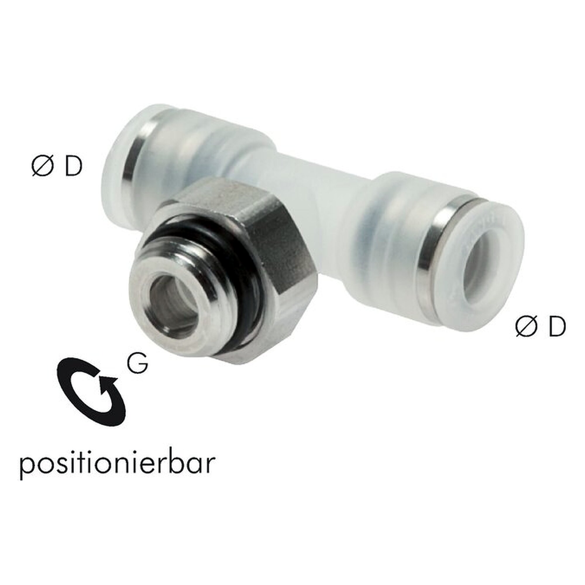 Steckanschluss, T-Form, mit Edelstahlgewinde, Gewinde G 1/4", Schlauch 8 mm, Polypropylen