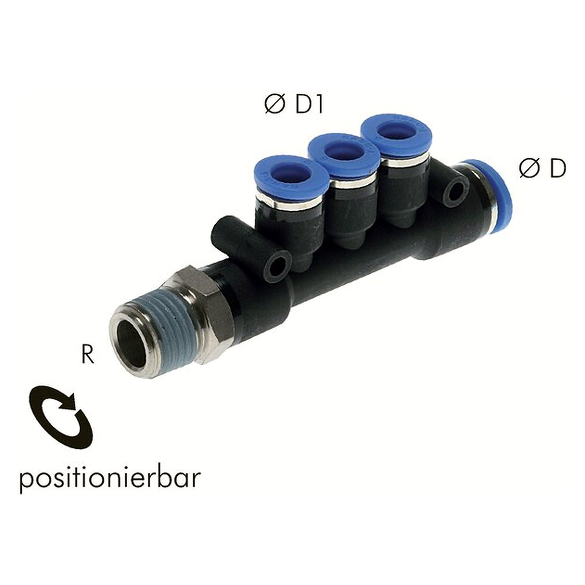 Push-in manifold, male thread R 1/4", tube 8 mm, second port 6 mm, nickel plated brass