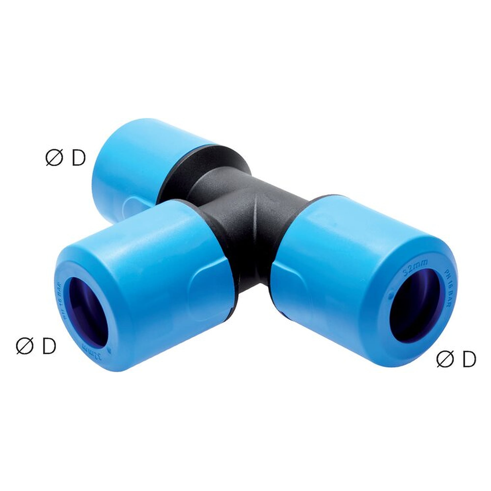 Steckanschluss, T-Form, große Bauform, Schlauch 32 mm, zweiter Anschluss 32 mm, Polypropylen