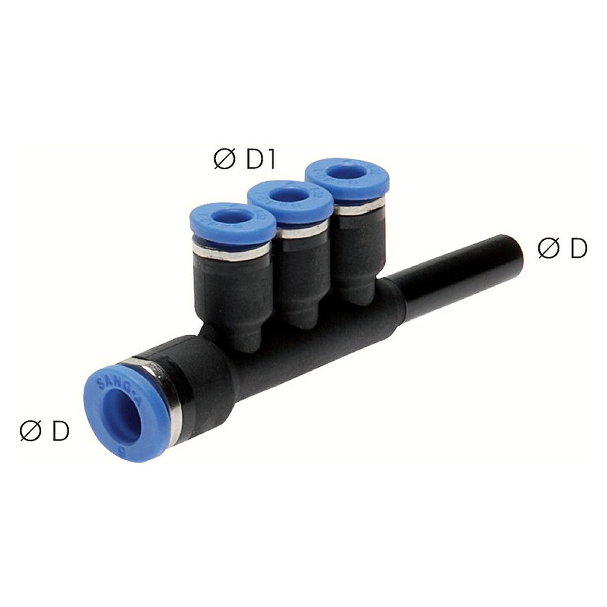 Push-in manifold, tube 6 mm, second port 4 mm, nickel plated brass, -0.95 to 20 bar