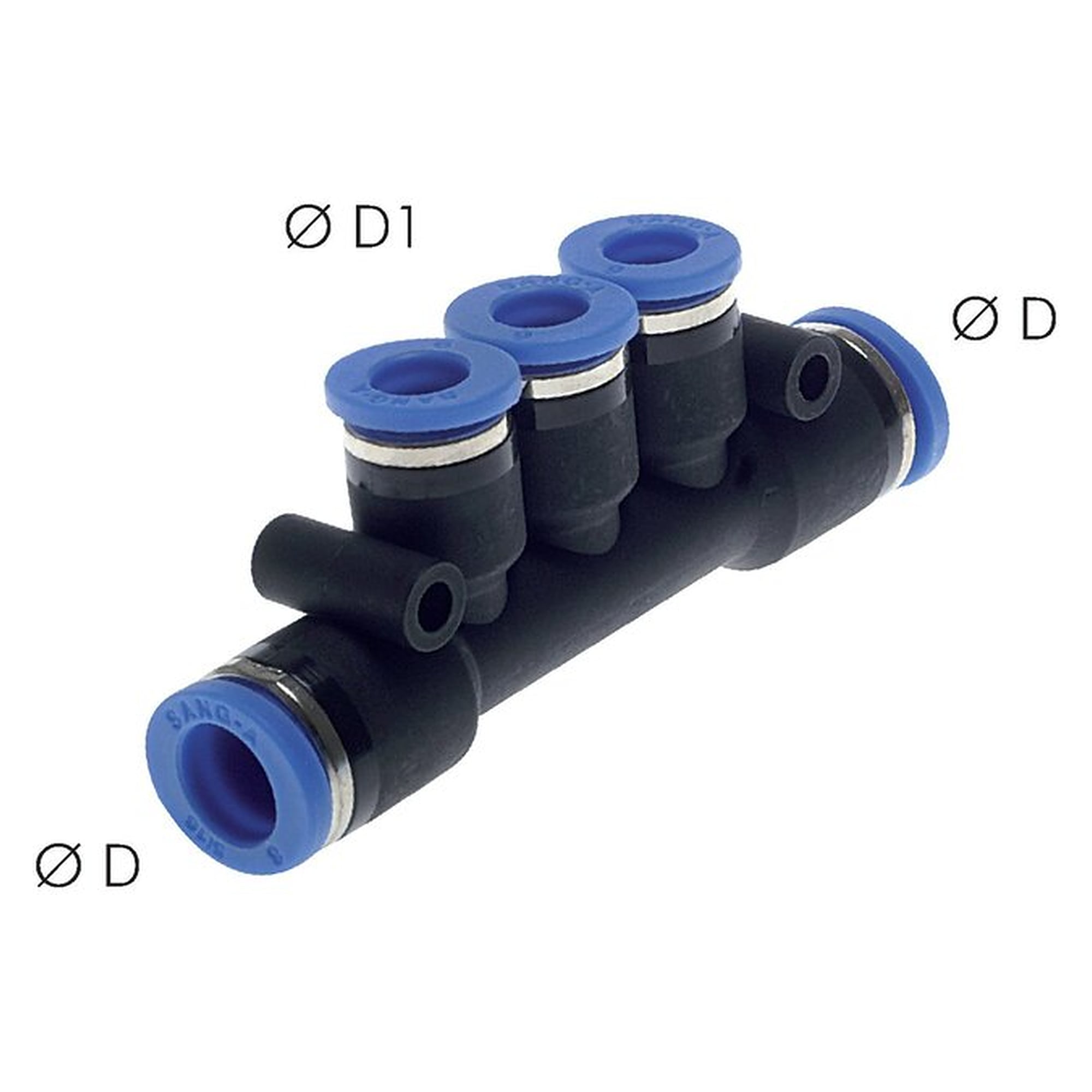 Push-in manifold, tube 8 mm, second port 6 mm, nickel plated brass