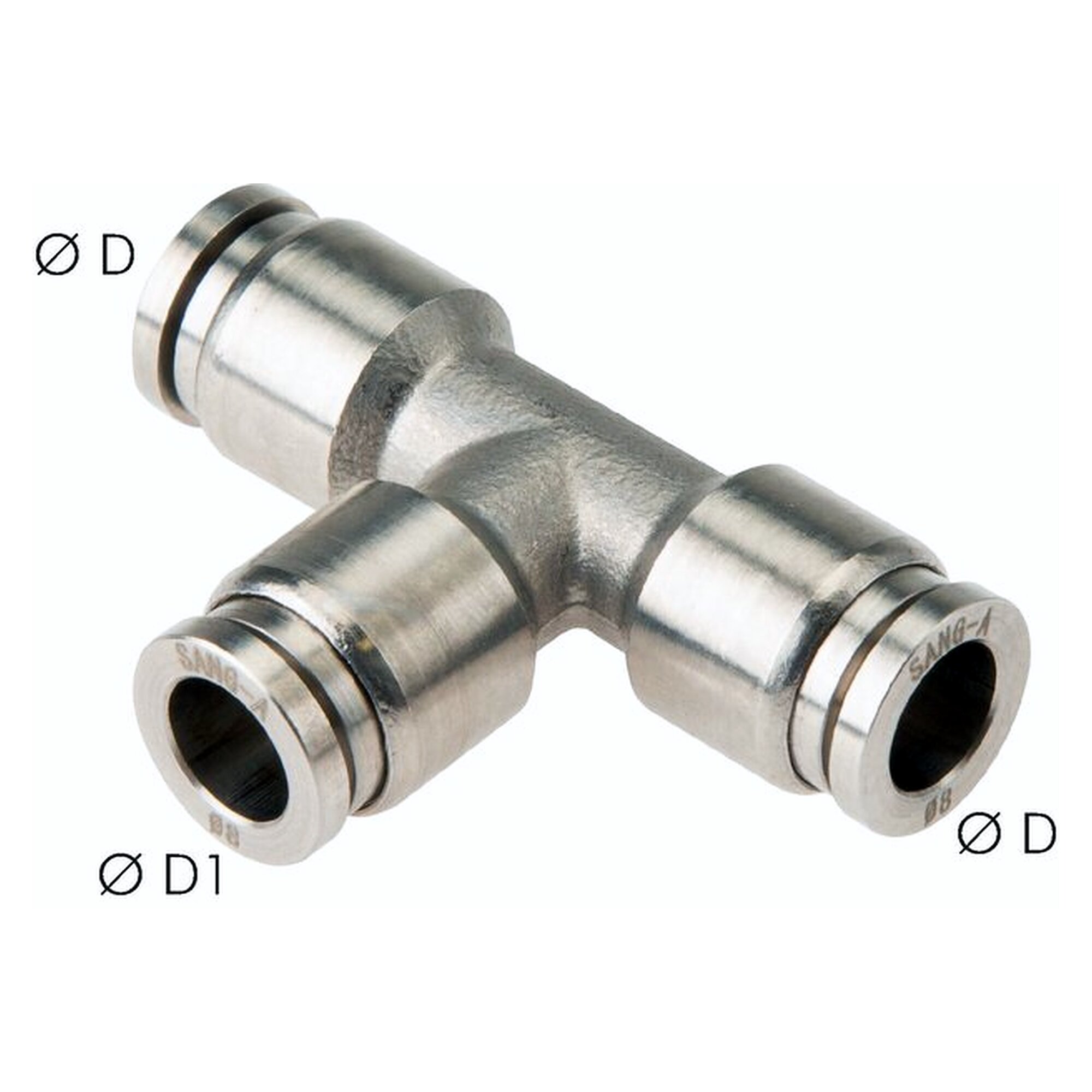 Push-in fitting, tee design, tube 10 mm, second port 10 mm, stainless steel