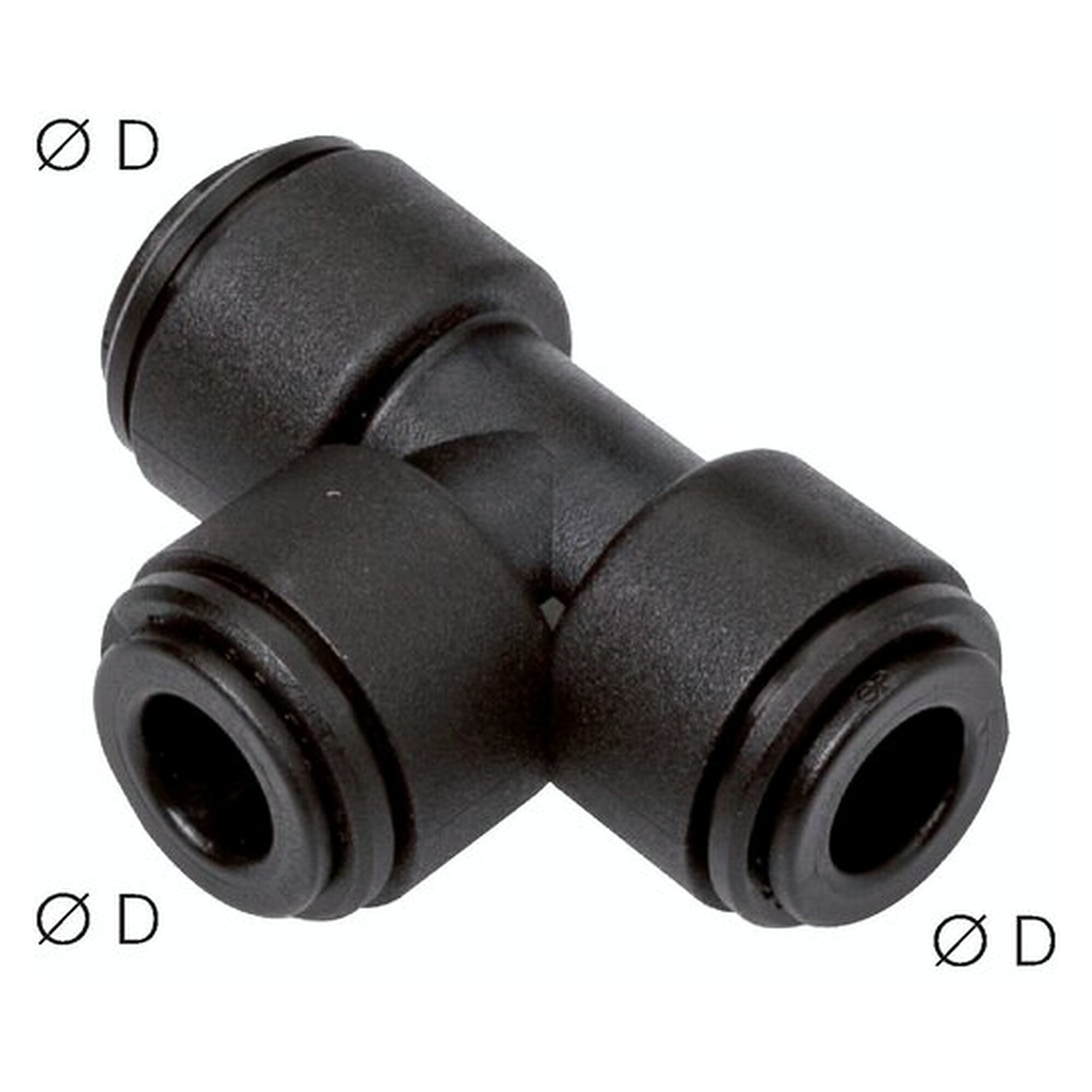 Push-in fitting, tee design, FDA compliant version, tube 4 mm, POM, FDA compliant