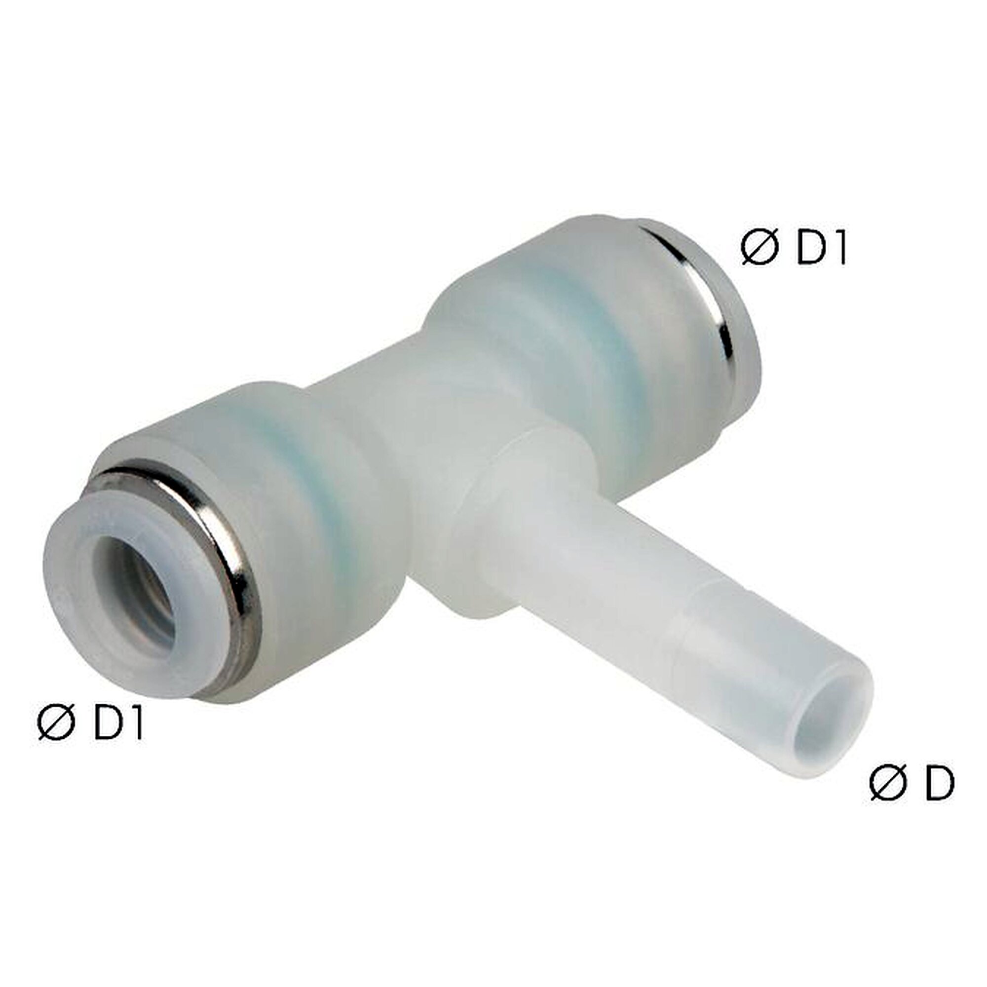 Steckanschluss, T-Form, Schlauch 12 mm, zweiter Anschluss 12 mm, PVDF, Dichtung FKM