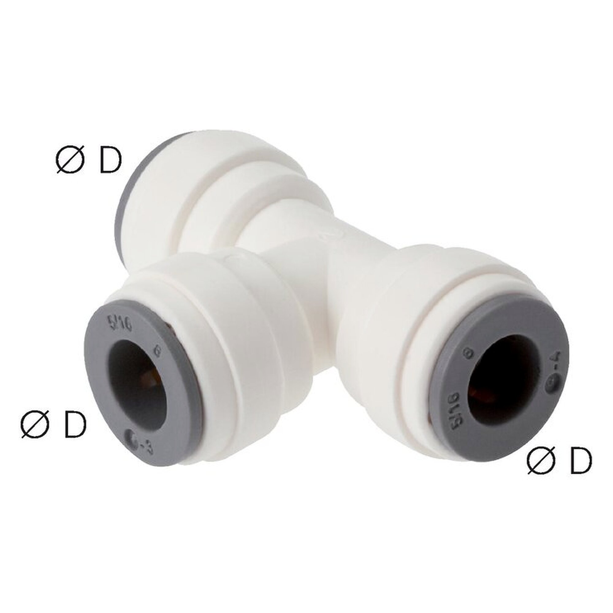 Push-in fitting, tee design, with EPDM seal, tube 10 mm, POM, FDA compliant