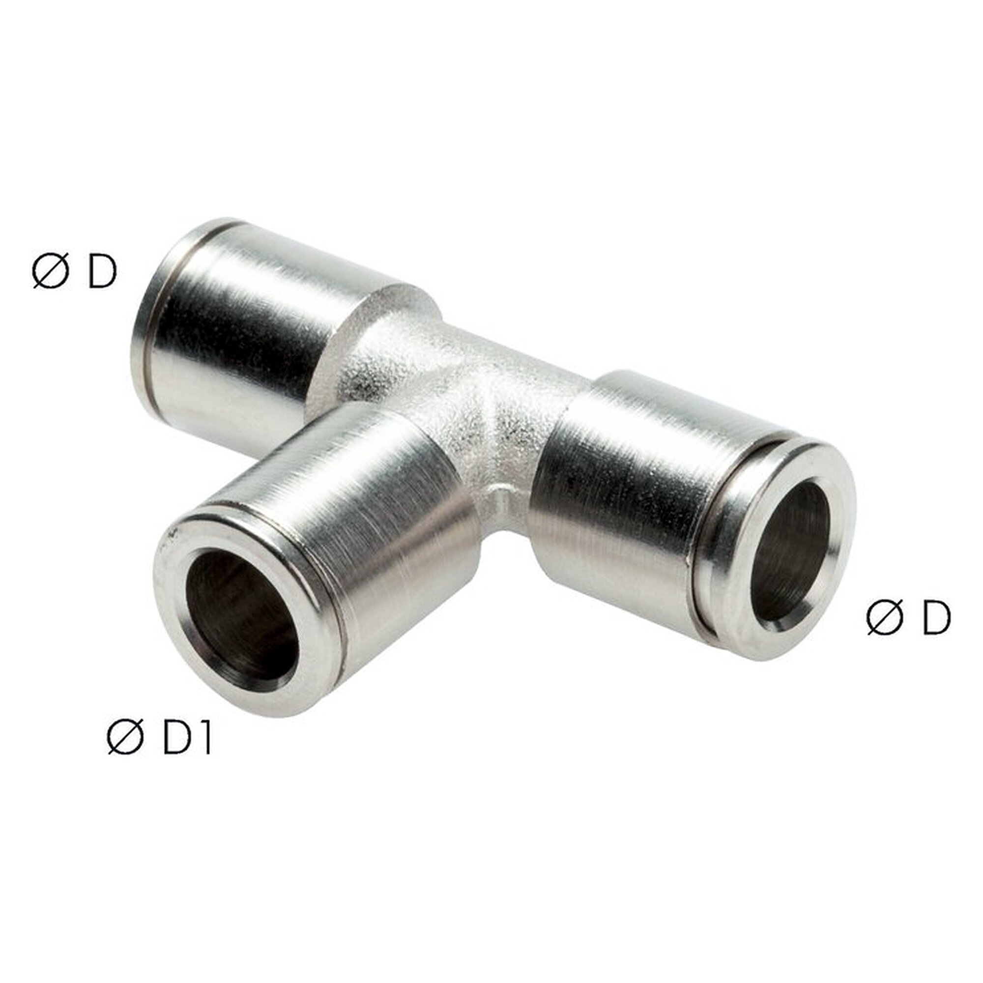 Push-in fitting, tee design, tube 6 mm, second port 4 mm, nickel plated brass, -20 bis +80 °C