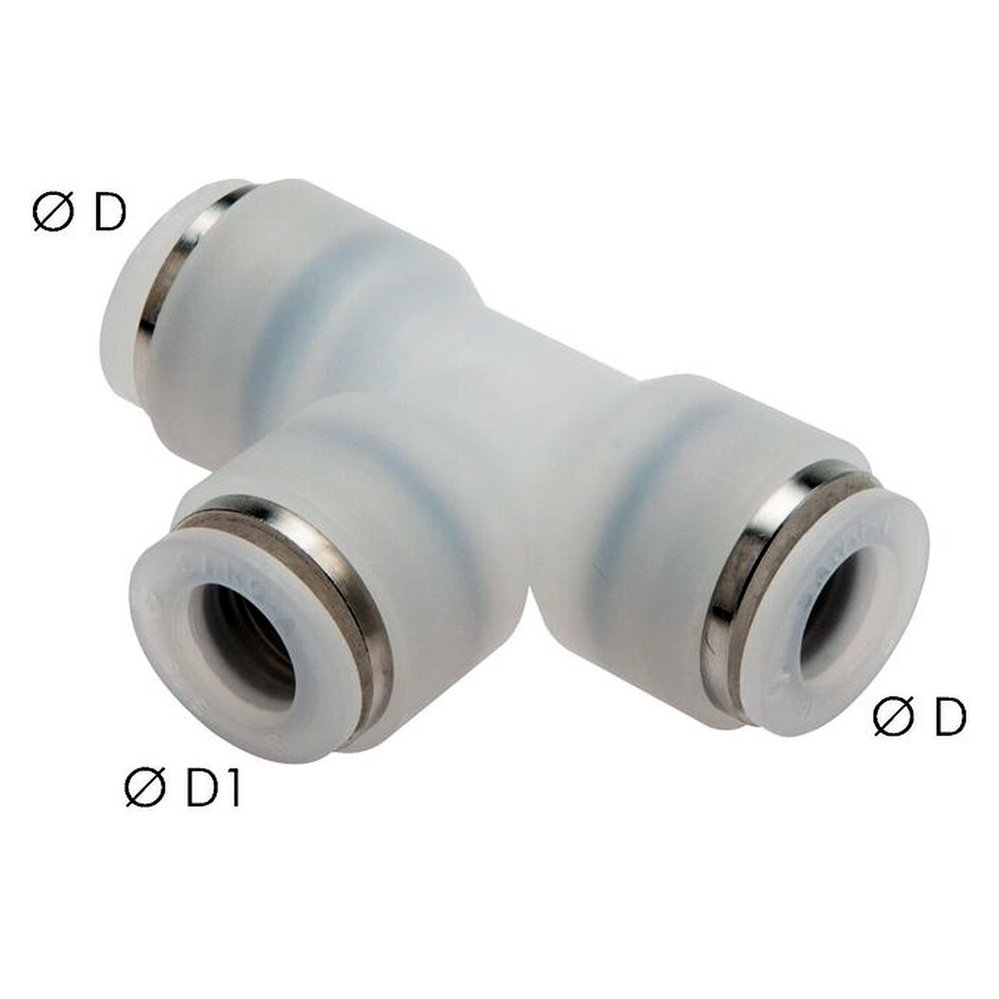 Steckanschluss, T-Form, Schlauch 8 mm, zweiter Anschluss 6 mm, PVDF