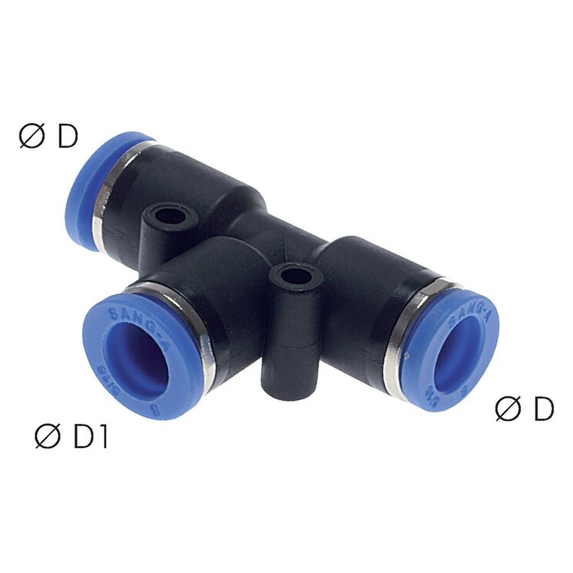 Push-in fitting, tee design, tube 10 mm, second port 6 mm, nickel plated brass