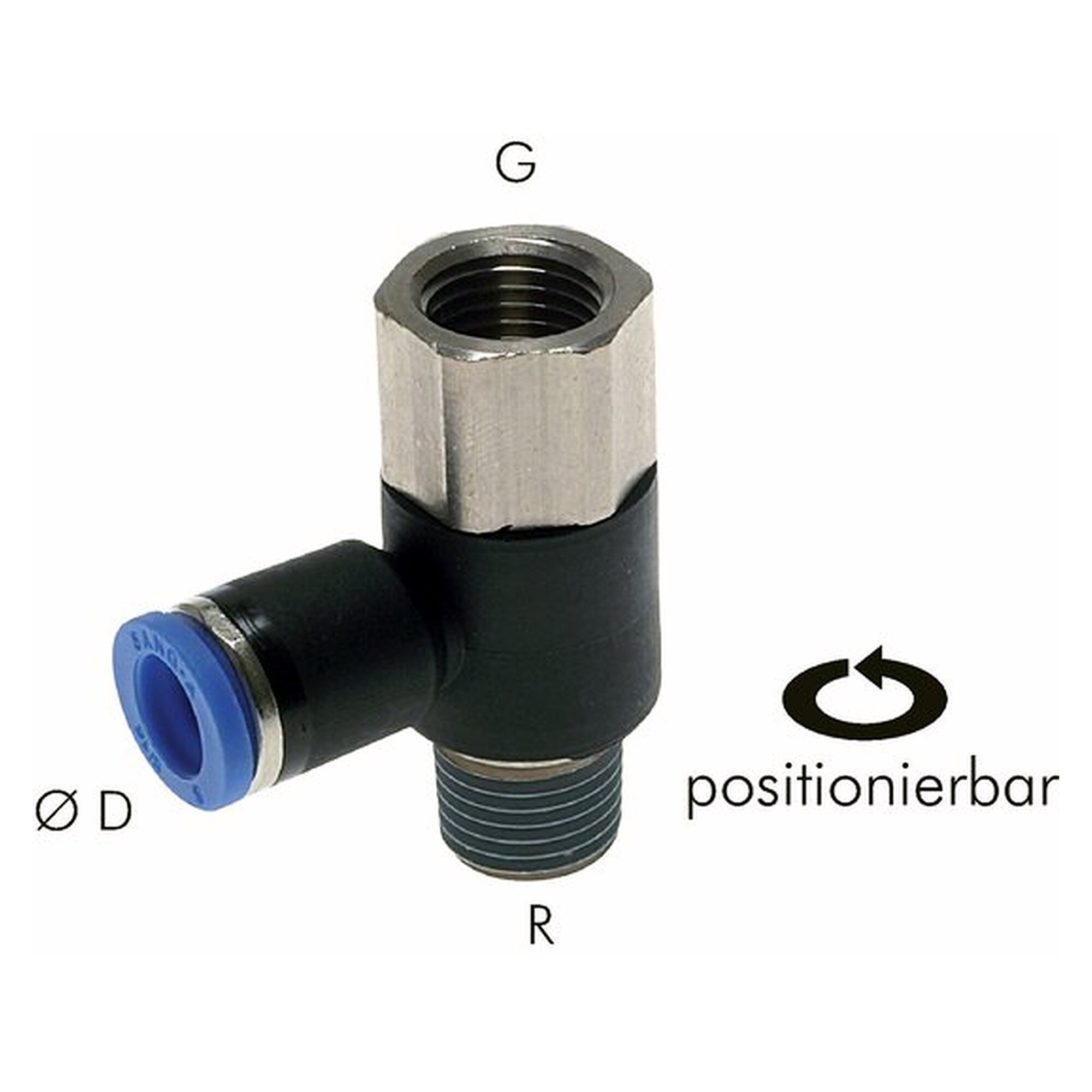 Push-in fitting, elbow design, thread G 3/8", tube 10 mm, nickel plated brass, male thread R 3/8"