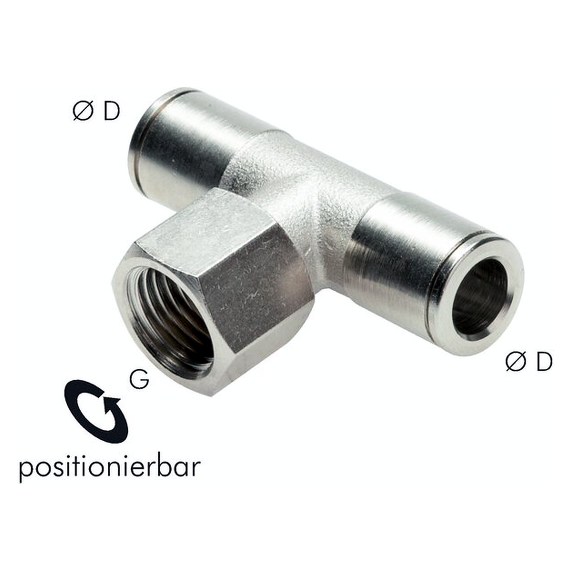 Push-in fitting, tee design, with female thread, male thread G 1/4", tube 4 mm, nickel plated brass