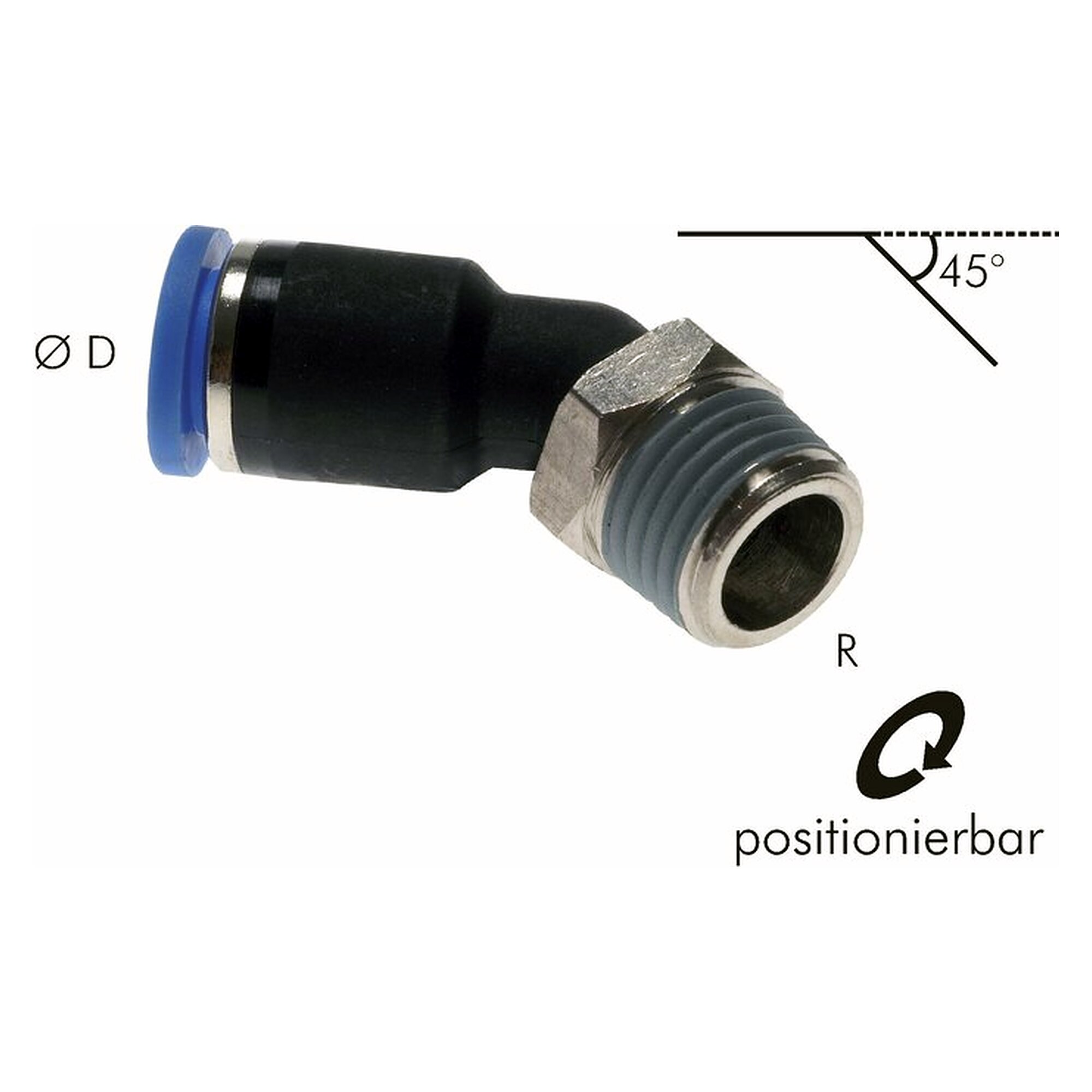 Steckanschluss, 45-Grad-Form, Einschraubgewinde R 1/4", Schlauch 12 mm, Messing vernickelt
