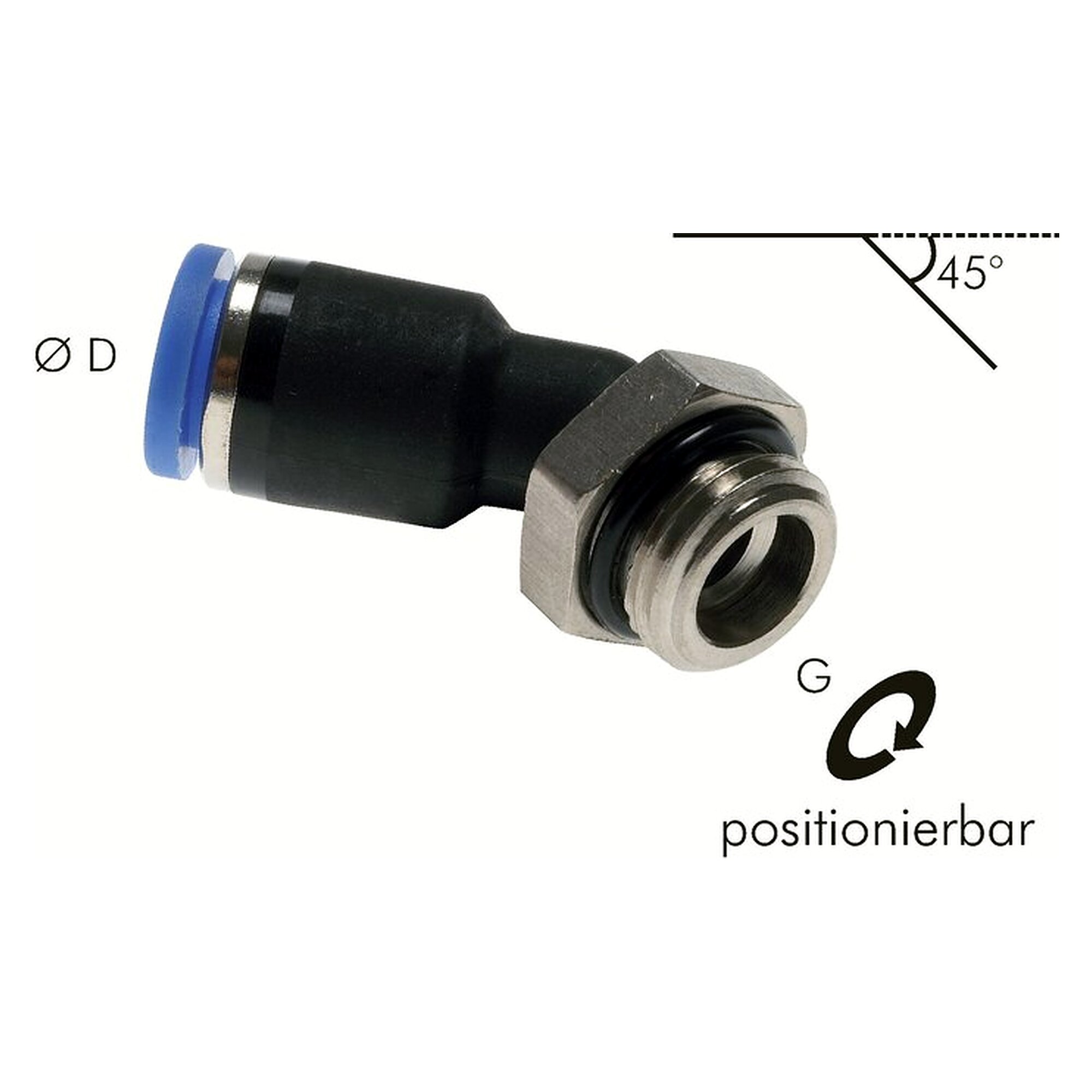Steckanschluss, 45-Grad-Form, Einschraubgewinde G 1/4", Schlauch 10 mm, Messing vernickelt