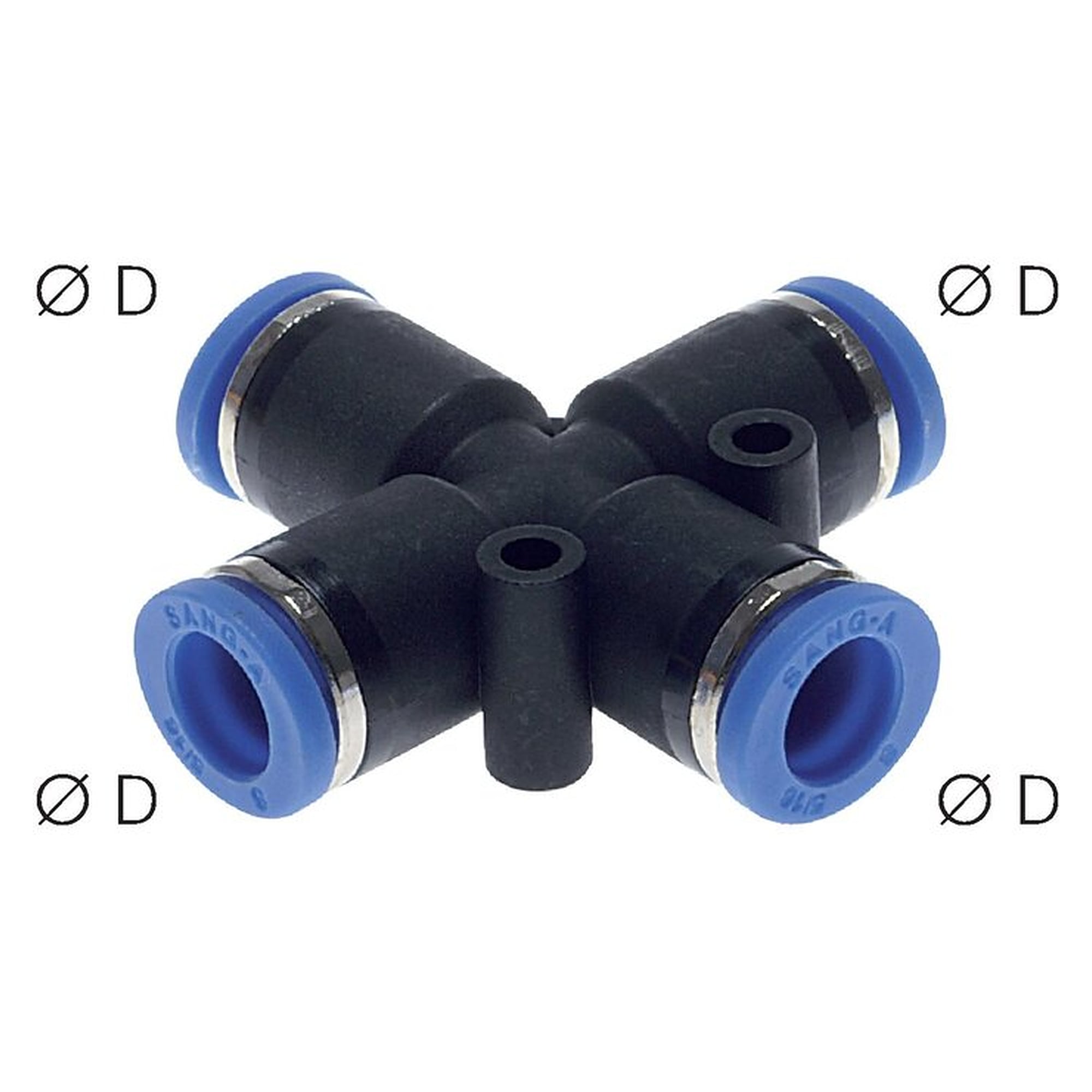 Push-in fitting, cross design, tube 10 mm, nickel plated brass