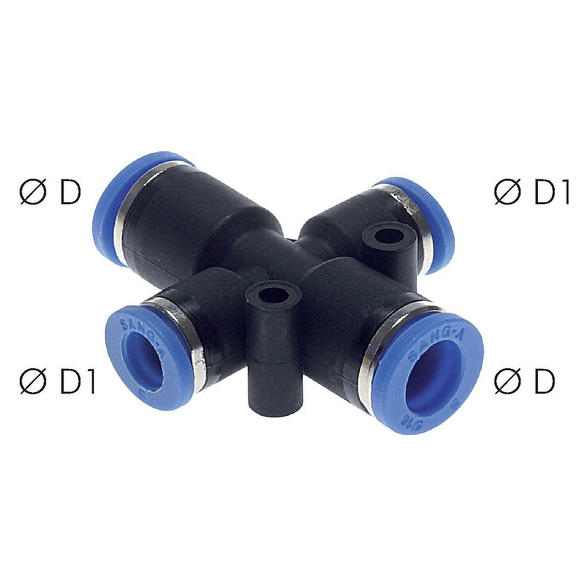 Steckanschluss, Kreuzform, Schlauch 10 mm, zweiter Anschluss 8 mm, Messing vernickelt