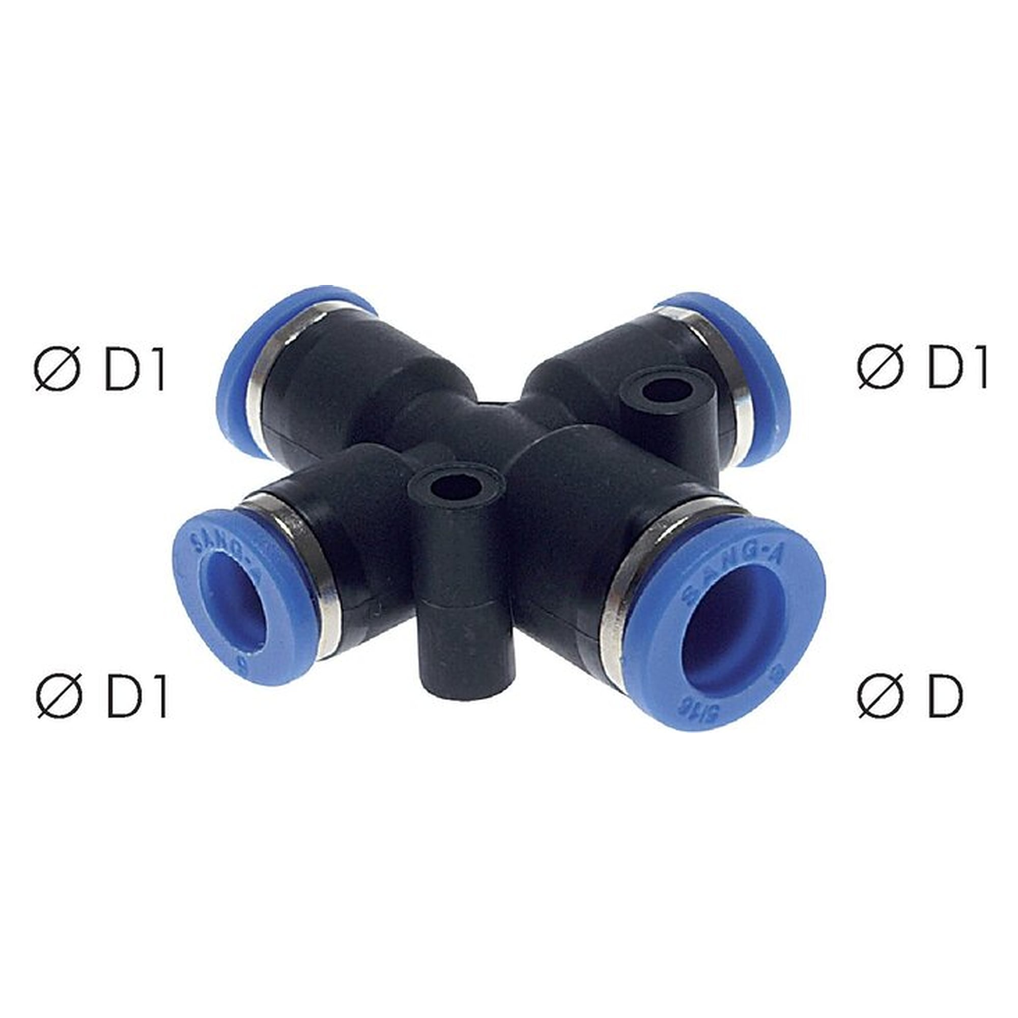 Steckanschluss, Kreuzform, Schlauch 10 mm, zweiter Anschluss 8 mm, Messing vernickelt, Dichtung NBR