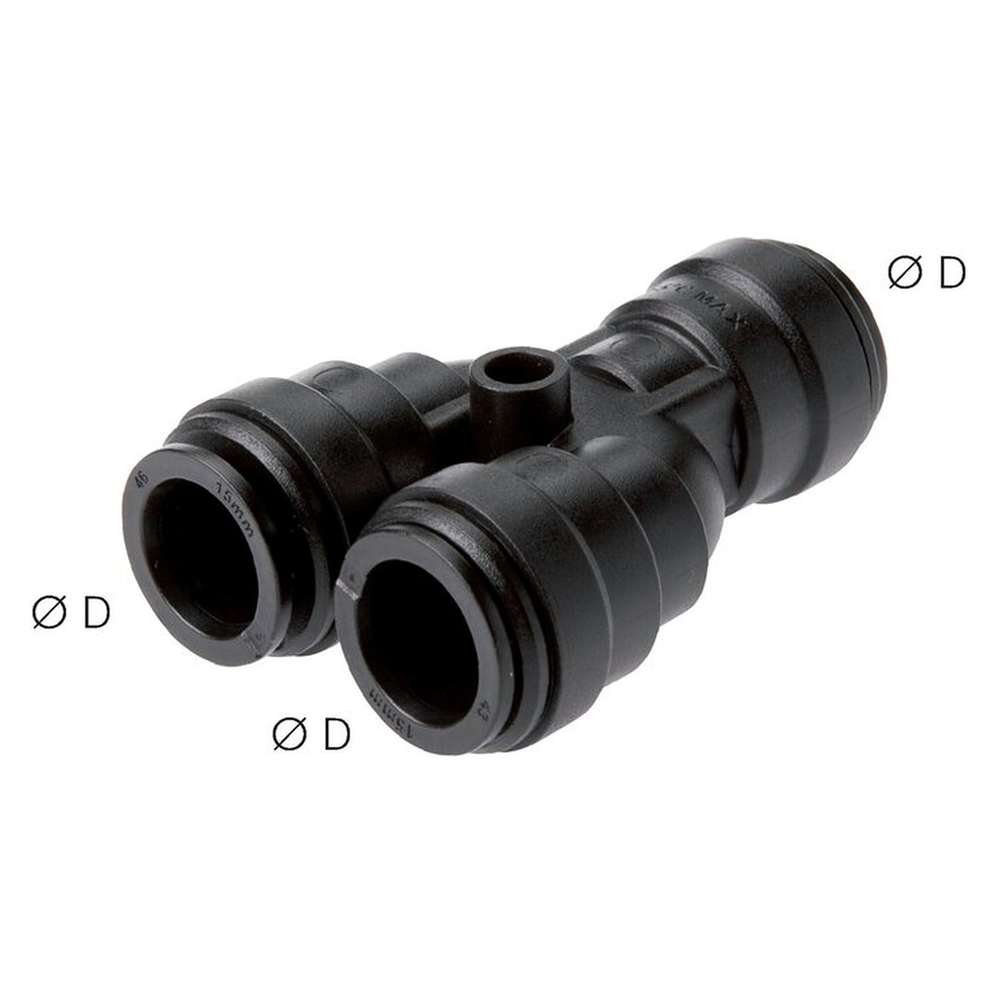 Push-in fitting, Y design, large design, tube 15 mm, POM, for pipe and tube