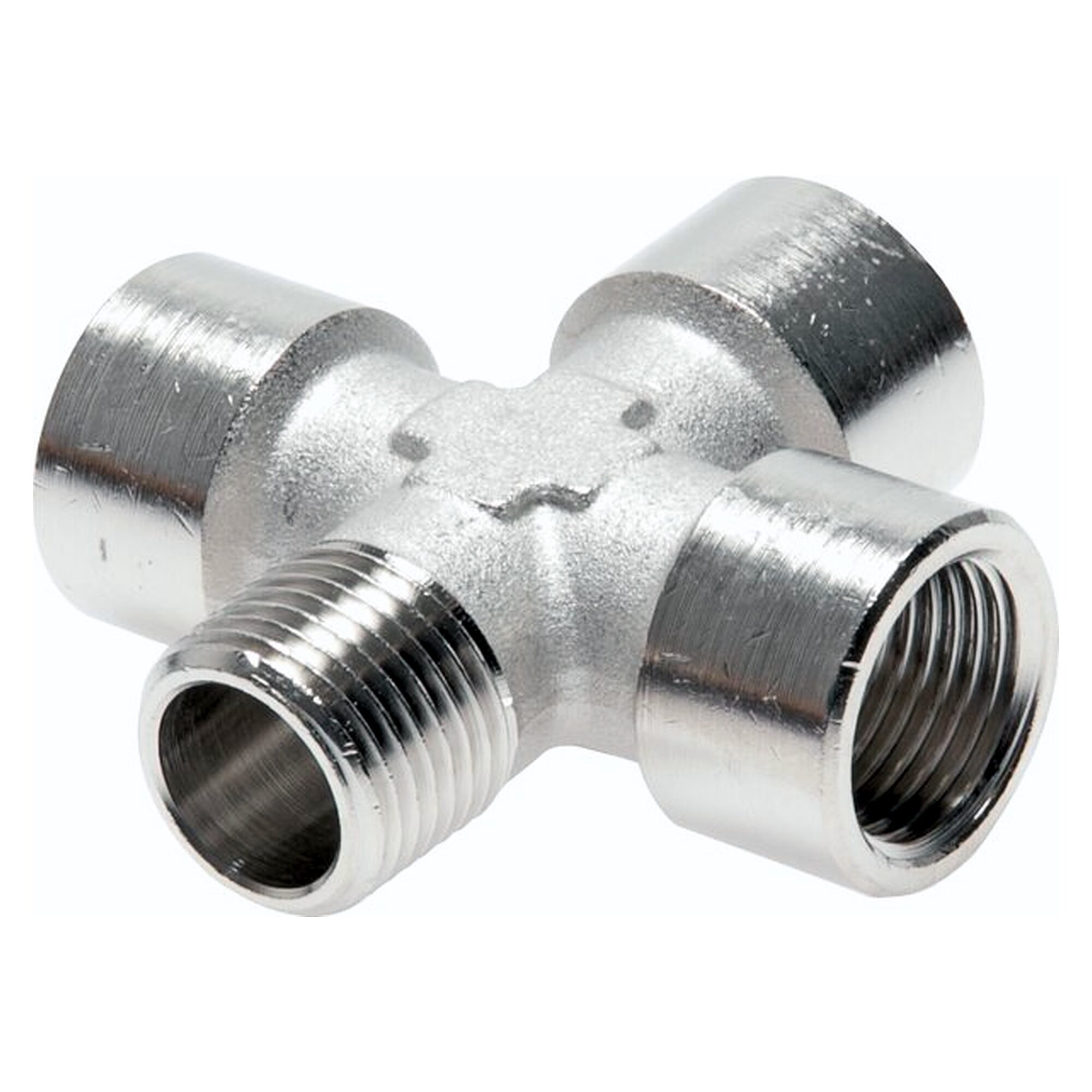 Kreuzstück, Außengewinde R 1/4" auf Innengewinde G 1/4", Messing vernickelt