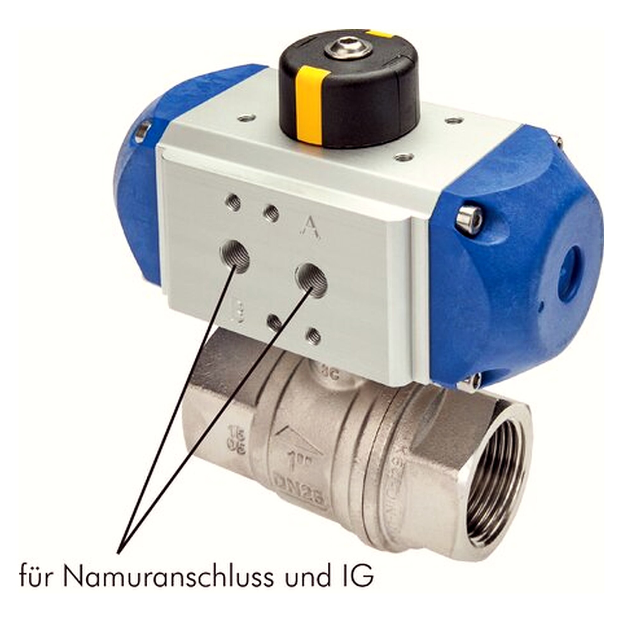 Kugelhahn mit Schwenkantrieb, Messing vernickelt, G 3/4", DN 20, doppeltwirkend, FKM-Dichtung