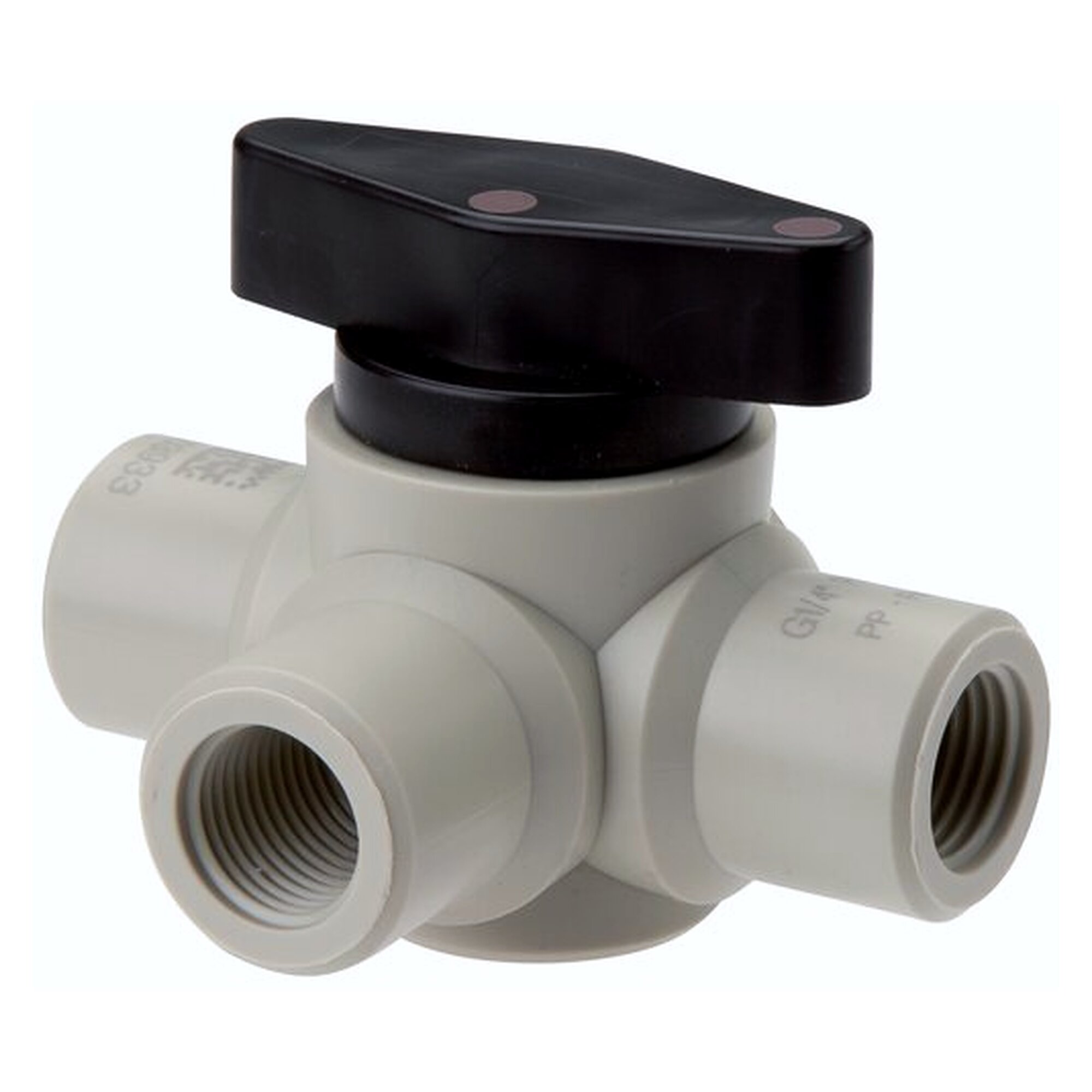 3-way ball valve, polypropylene, G 1/4", PN 10, L-port (horizontal)