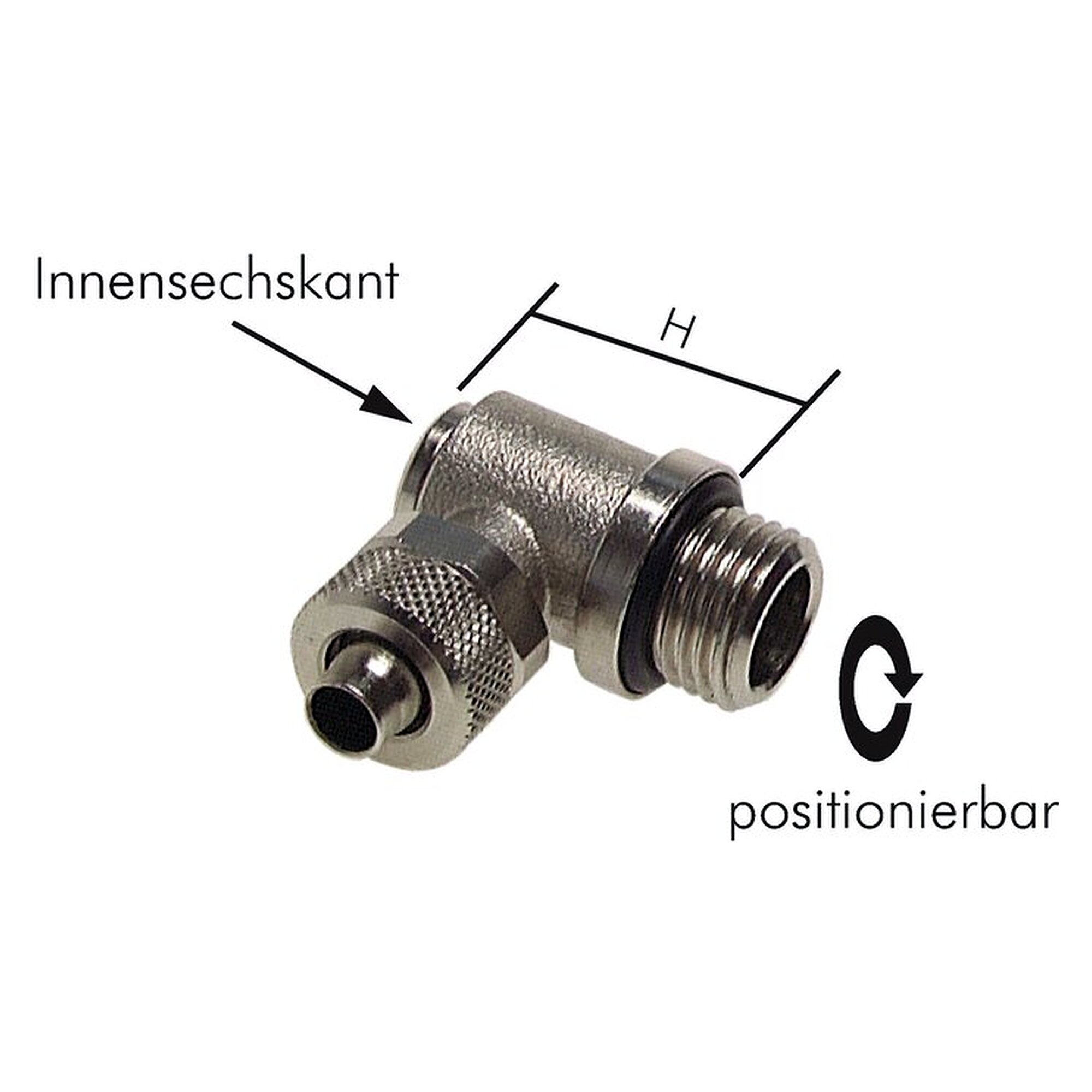 Schlauchverschraubung, Winkelform, Gewinde G 1/4", Schlauch 8x6 mm, Messing vernickelt, Höhe H 23,0