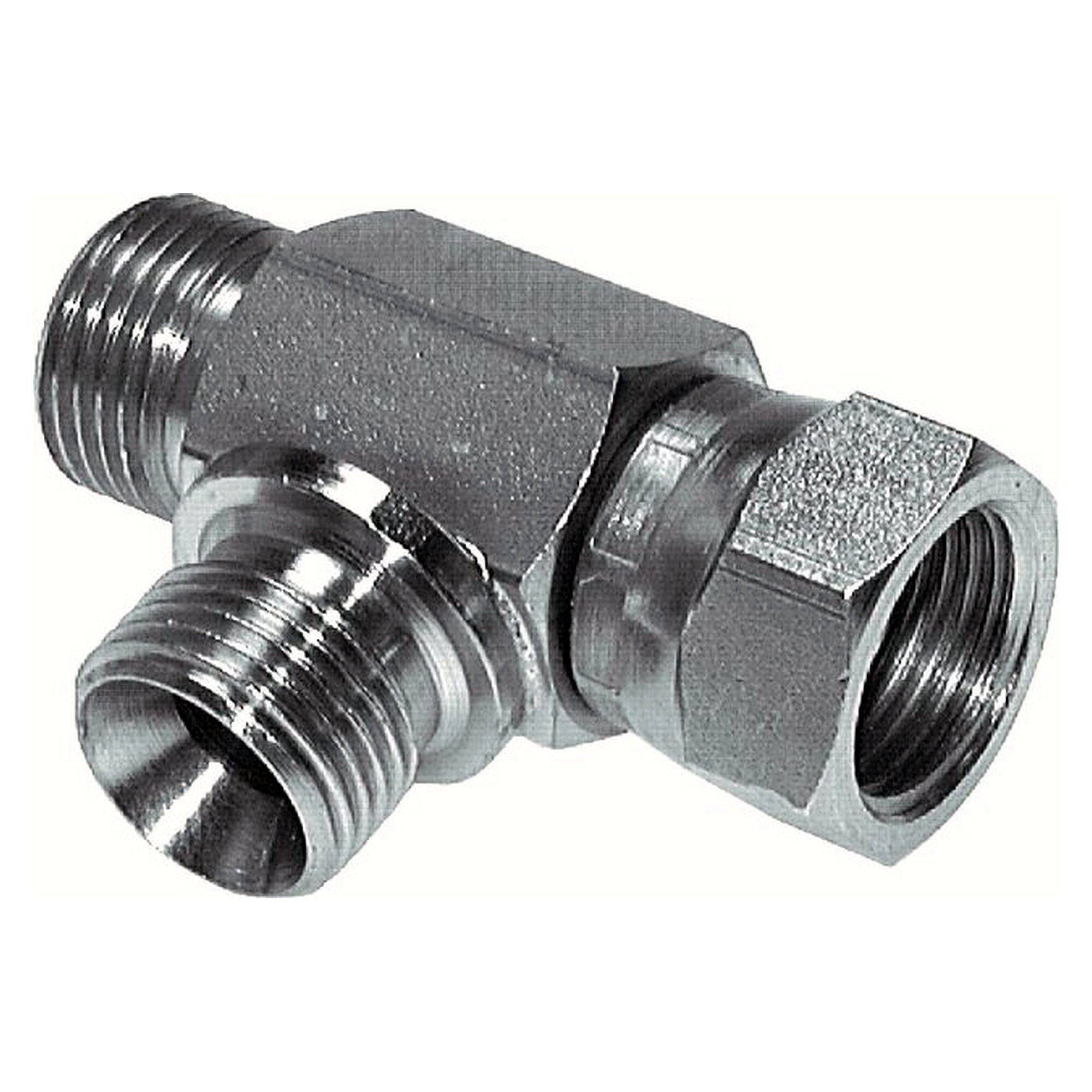 Tee stud fitting with 60° cone, male and female thread, G 1-1/2", PN 190 bar, zinc plated steel