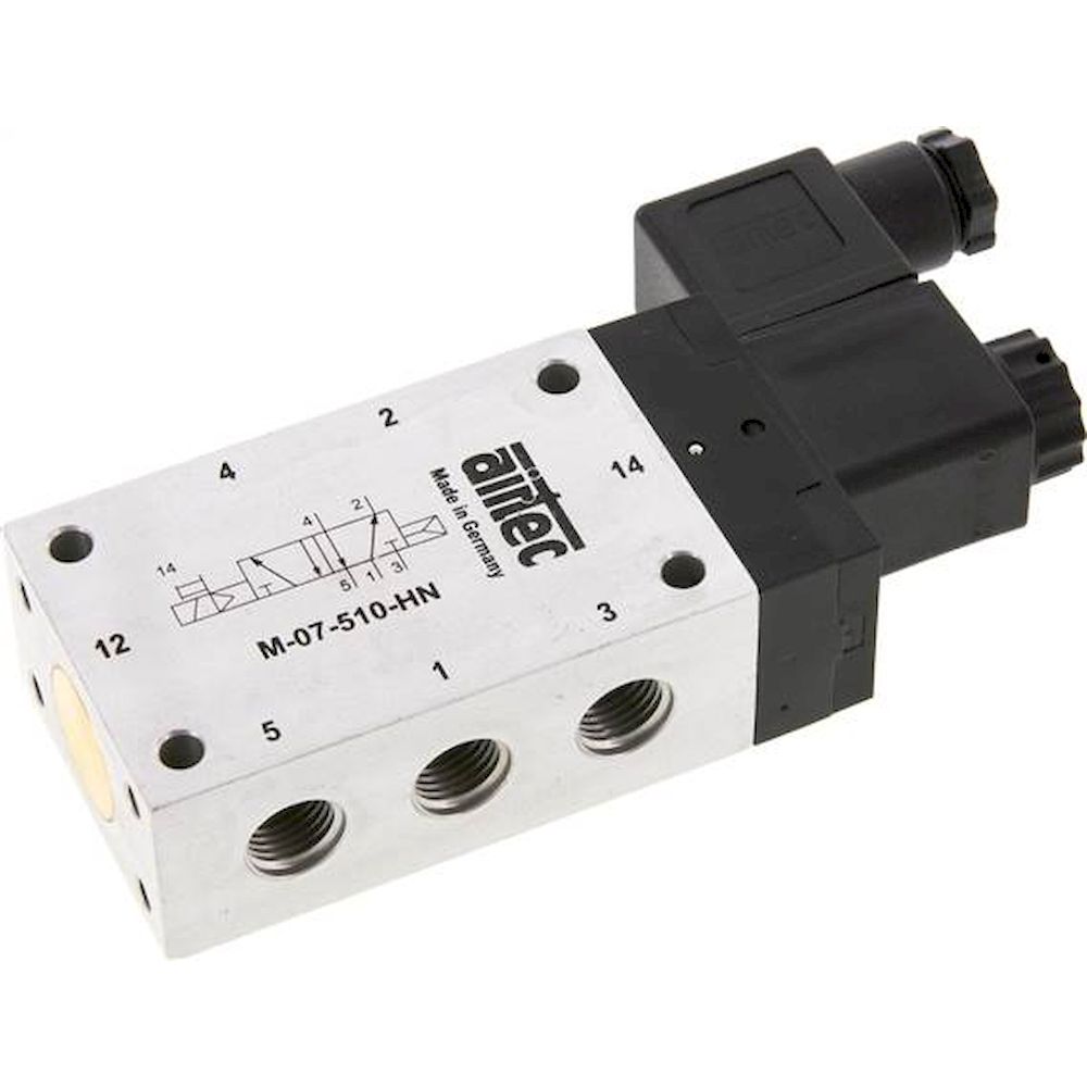 Airtec M-07510HN-24V. 5/2-way solenoid valve, G 1/4", Pneumatic spring, 24V DC, Standard
