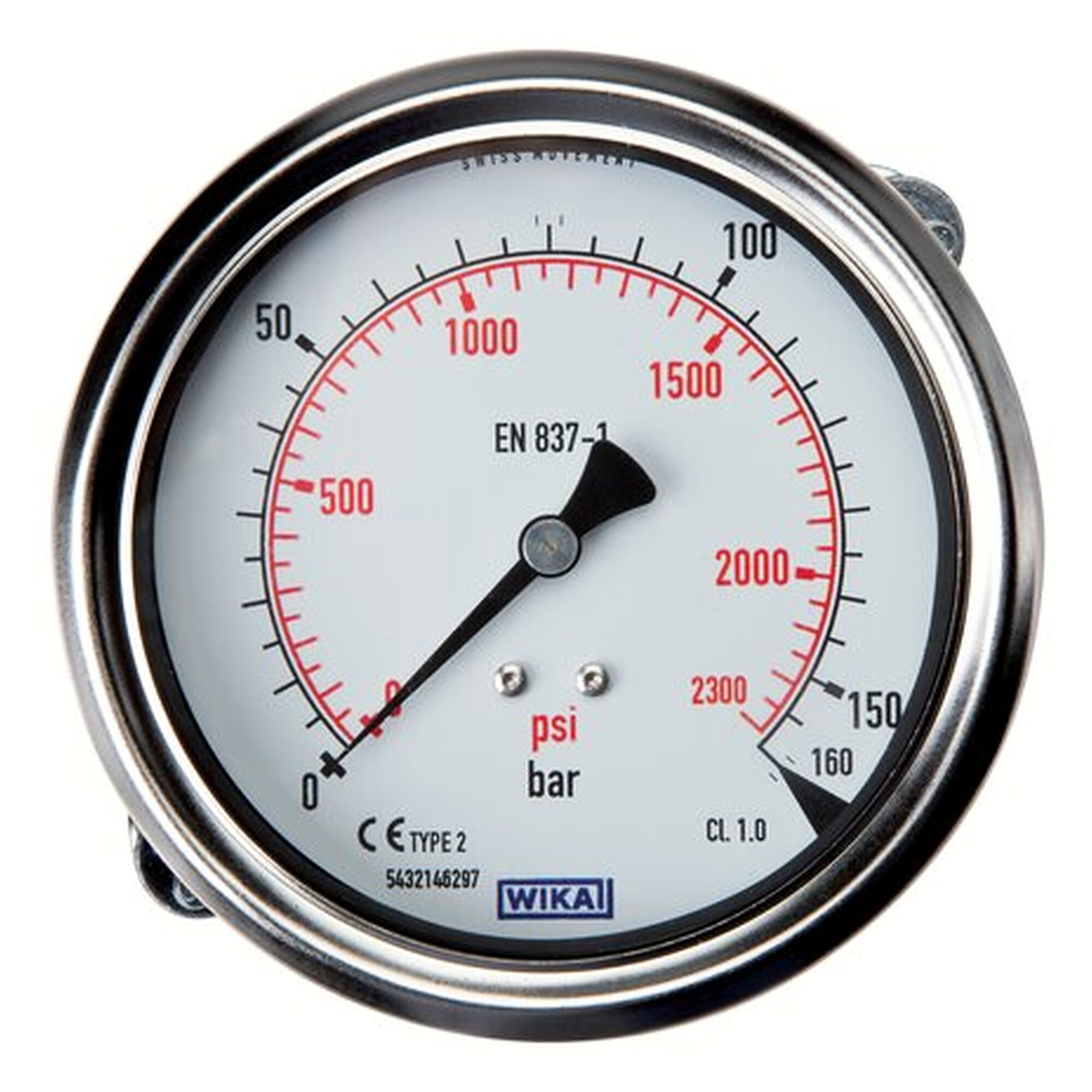 Einbaumanometer, mit Frontring, G 1/2", 100 mm, 0 - 250 bar, 1.4301, Genauigkeitsklasse 1