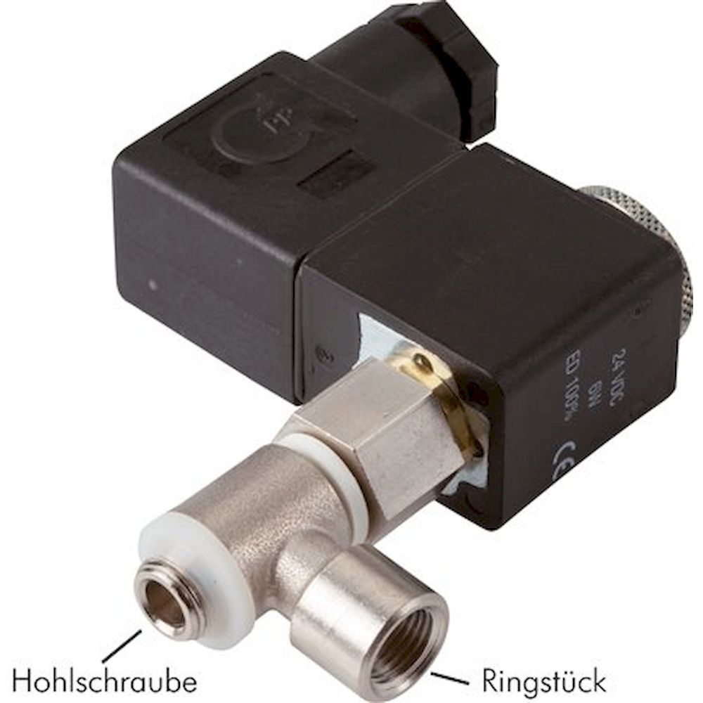 MH-318-24V. Banjo bolt solenoid valve G 1/8"-G 1/8", 3/2-way (NC), 24V DC