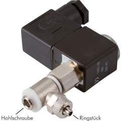 MHO-3186-230V. Banjo bolt solenoid valve G 1/8"-8x6, 3/2-way (NO), 230V AC