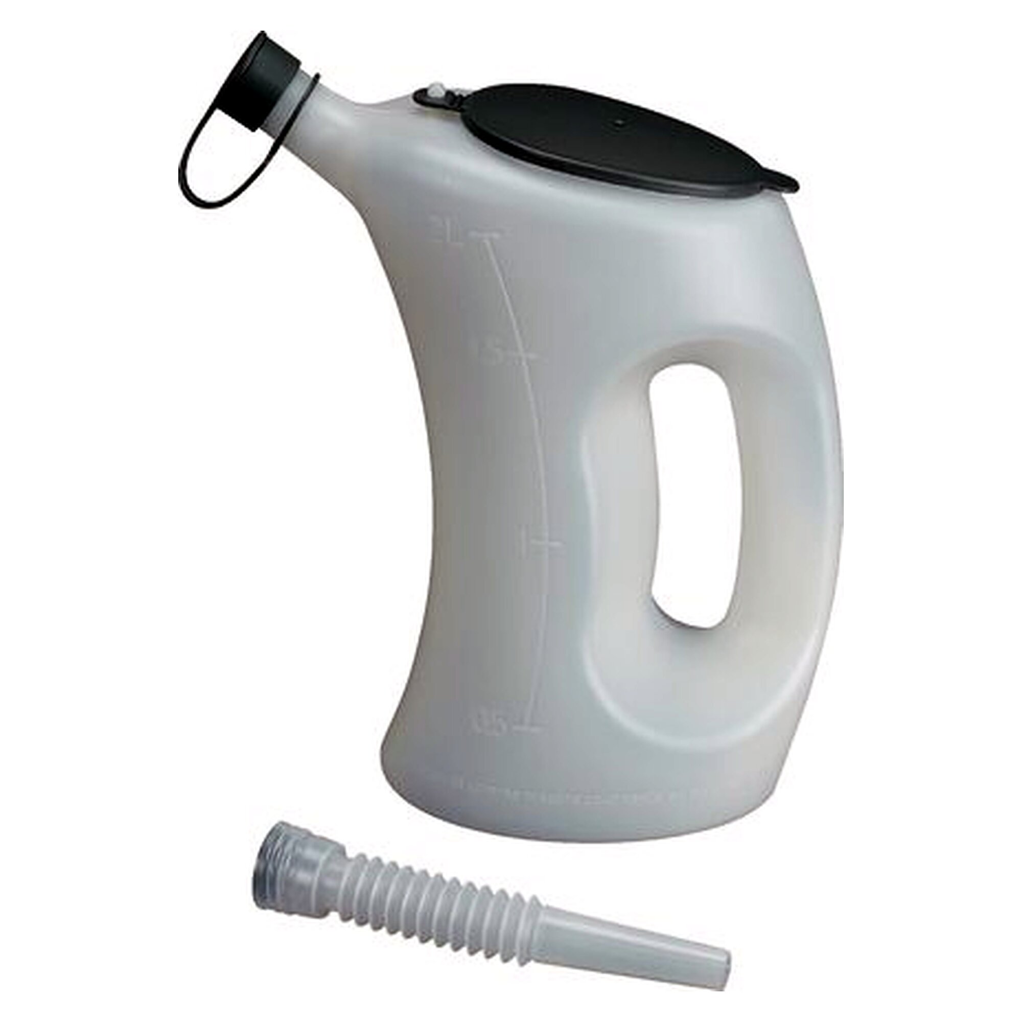 1 ltr. Messkanne (PE, weiß) mit flexiblem Auslaufrohr, Deckel, Verschlusskappe und Skalierung