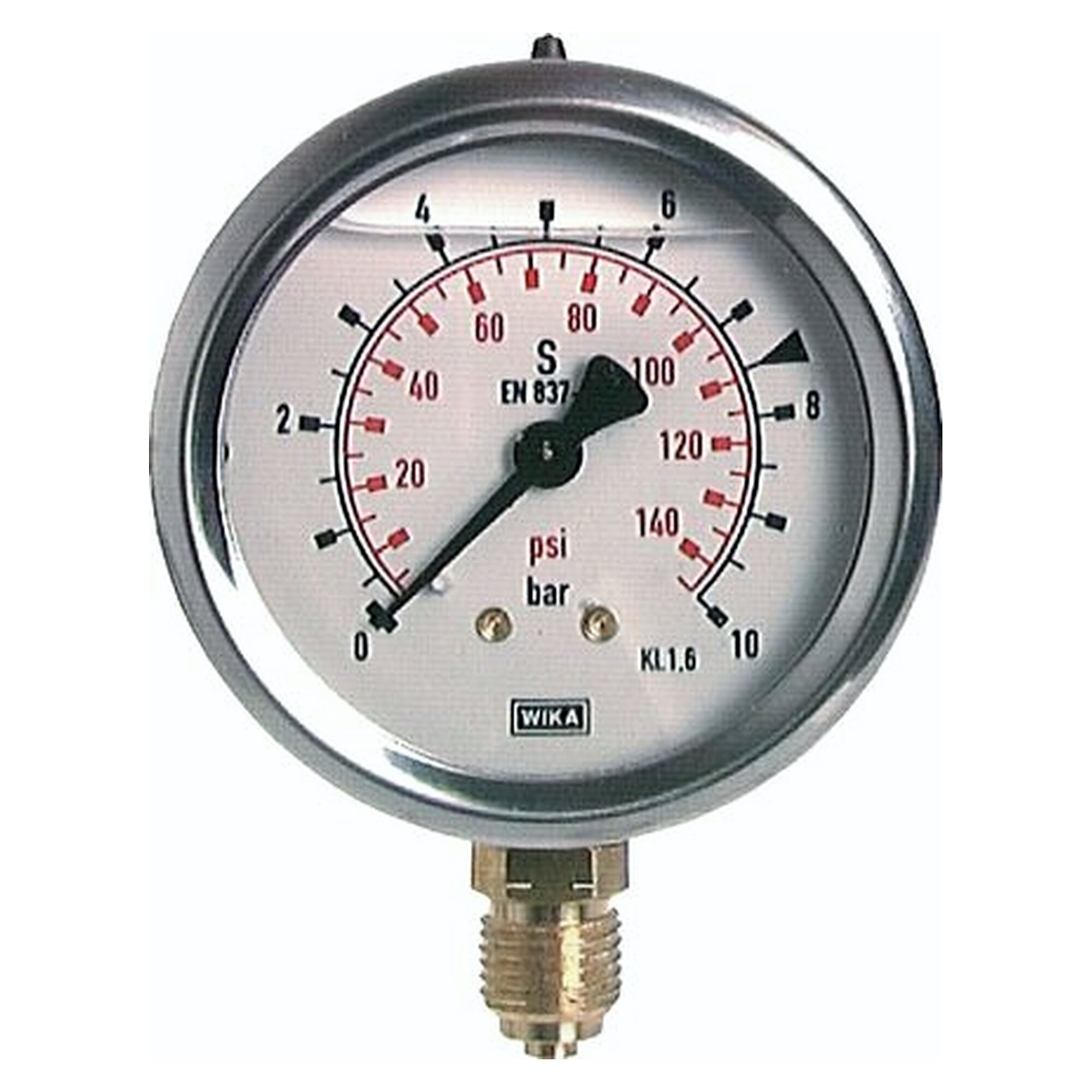 Glycerin-Manometer, senkrechte Ausführung, NPT 1/4", 63 mm, 0 - 10 bar, 1.4301