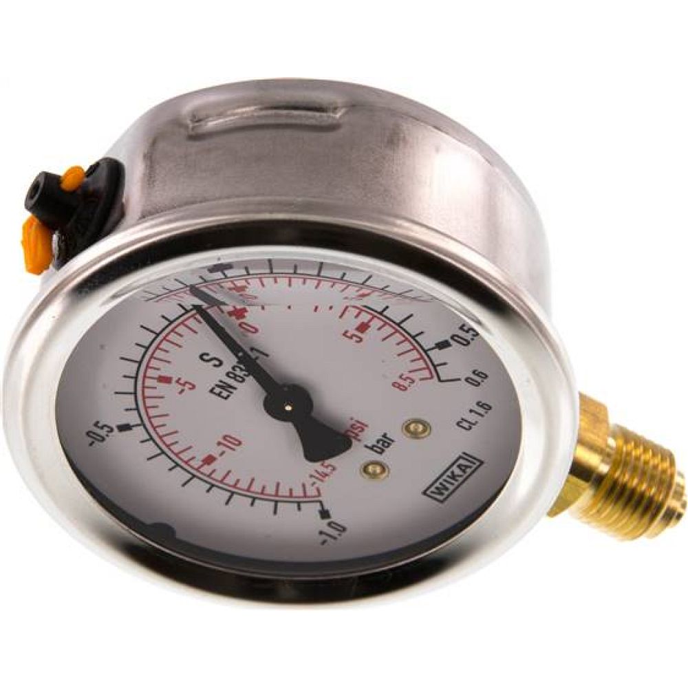 Wika MS -10663 GLY CR Glycerin-Manometer senkrecht (CrNi/Ms), 63mm, -1 bis 0,6 bar