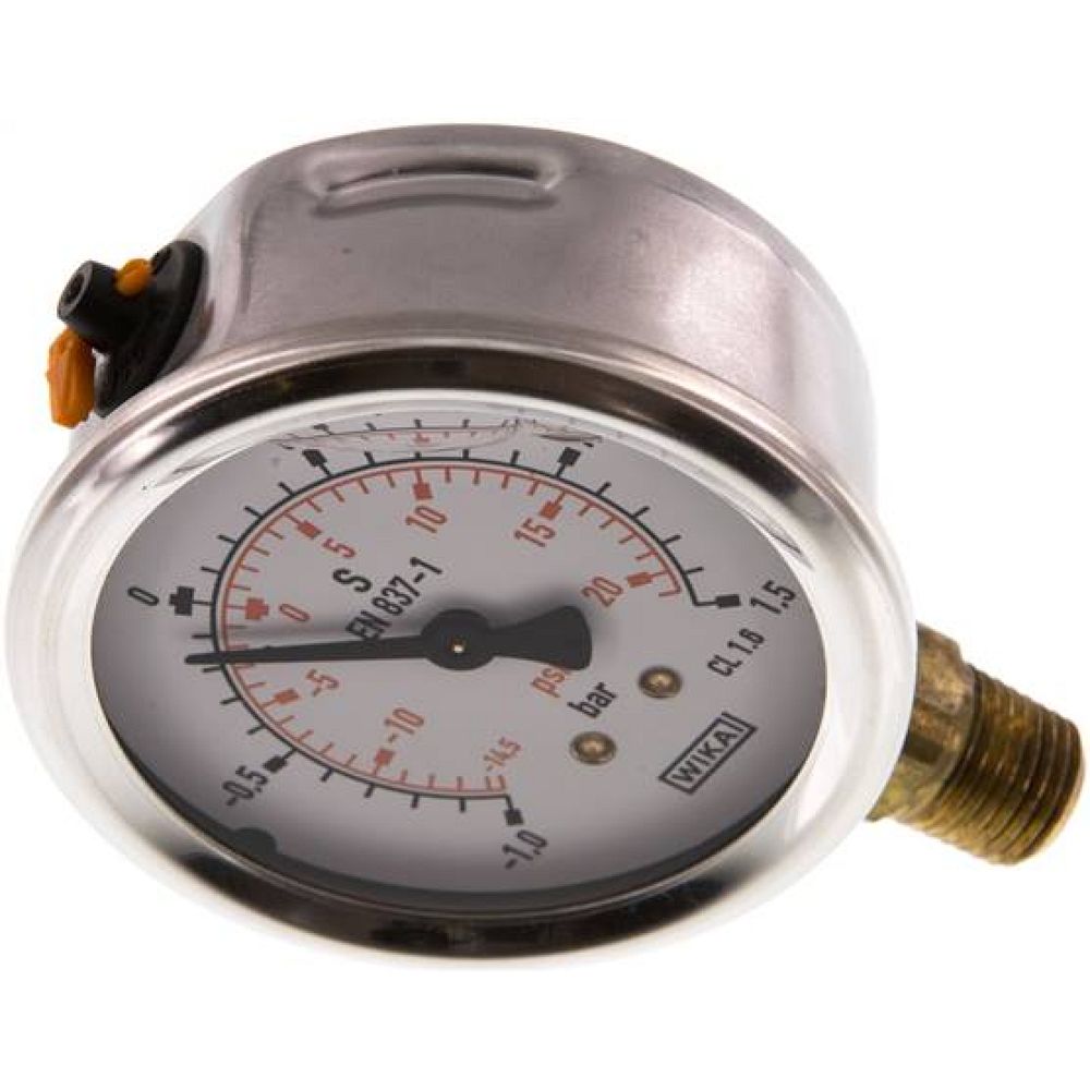 Wika MS -11,563 GLY CRNPT Glycerin-Manometer senkrecht (CrNi/Ms), 63mm, -1 bis 1,5 bar