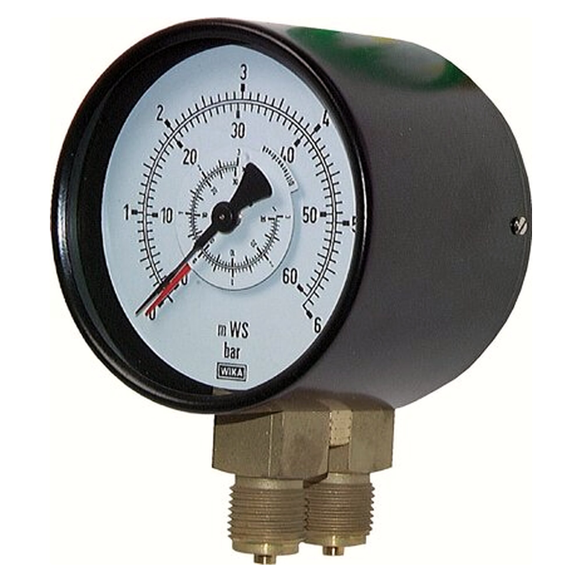 Differential pressure gauge, vertical version, 160 mm, 0 - 10 bar, black steel