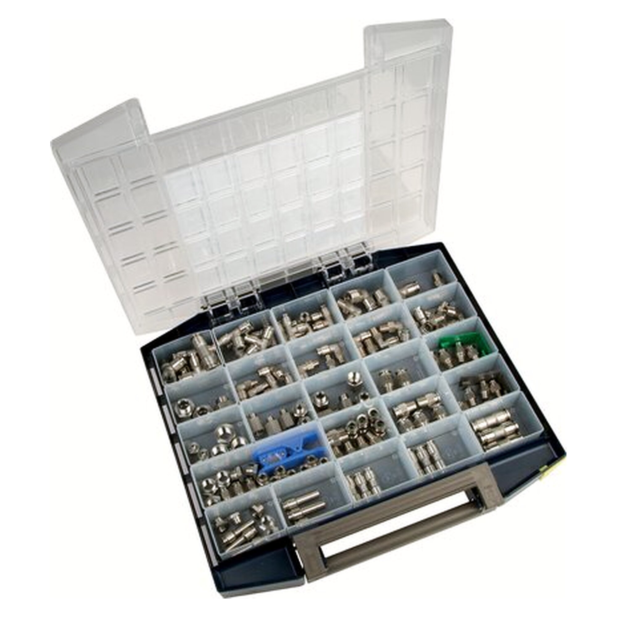 Assortment box with push-in fittings, stainless steel, assortment for tube 6 to 10 mm