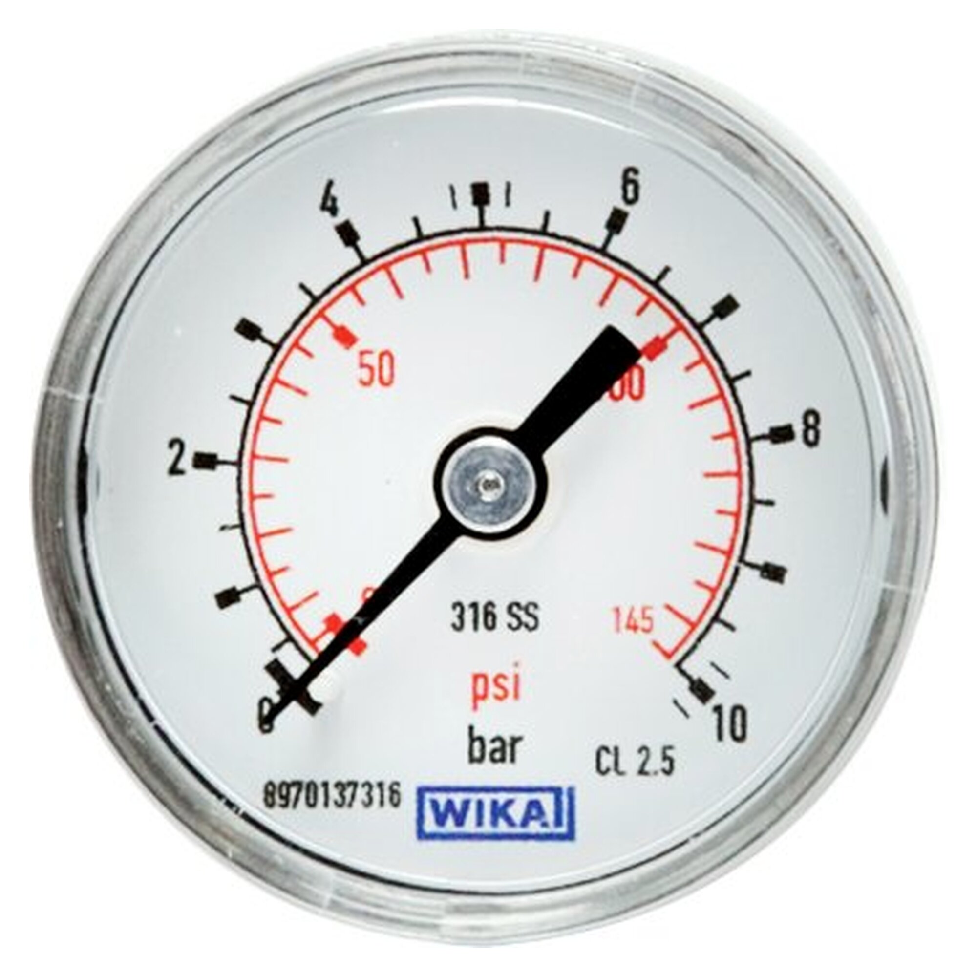 Stainless steel pressure gauge, horizontal version, G 1/4", 50 mm, 0 - 10 bar