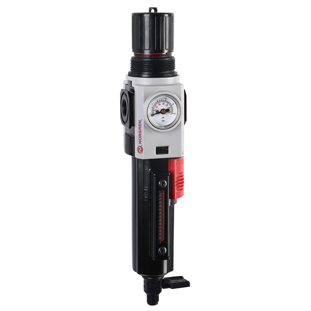Excelon Plus filter/regulator, 1/4 PTF, 5 µm, 0.3-10 bar, manual drain, with gauge - Norgren B82G-2AK-QD1-RMG